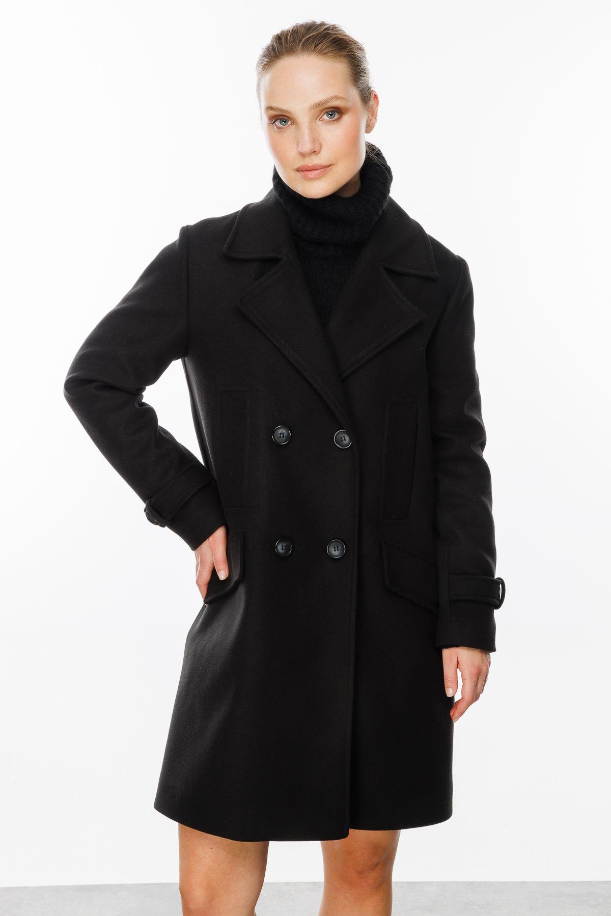 4 Cep Detaylı Kaşe Kaban-SİYAH