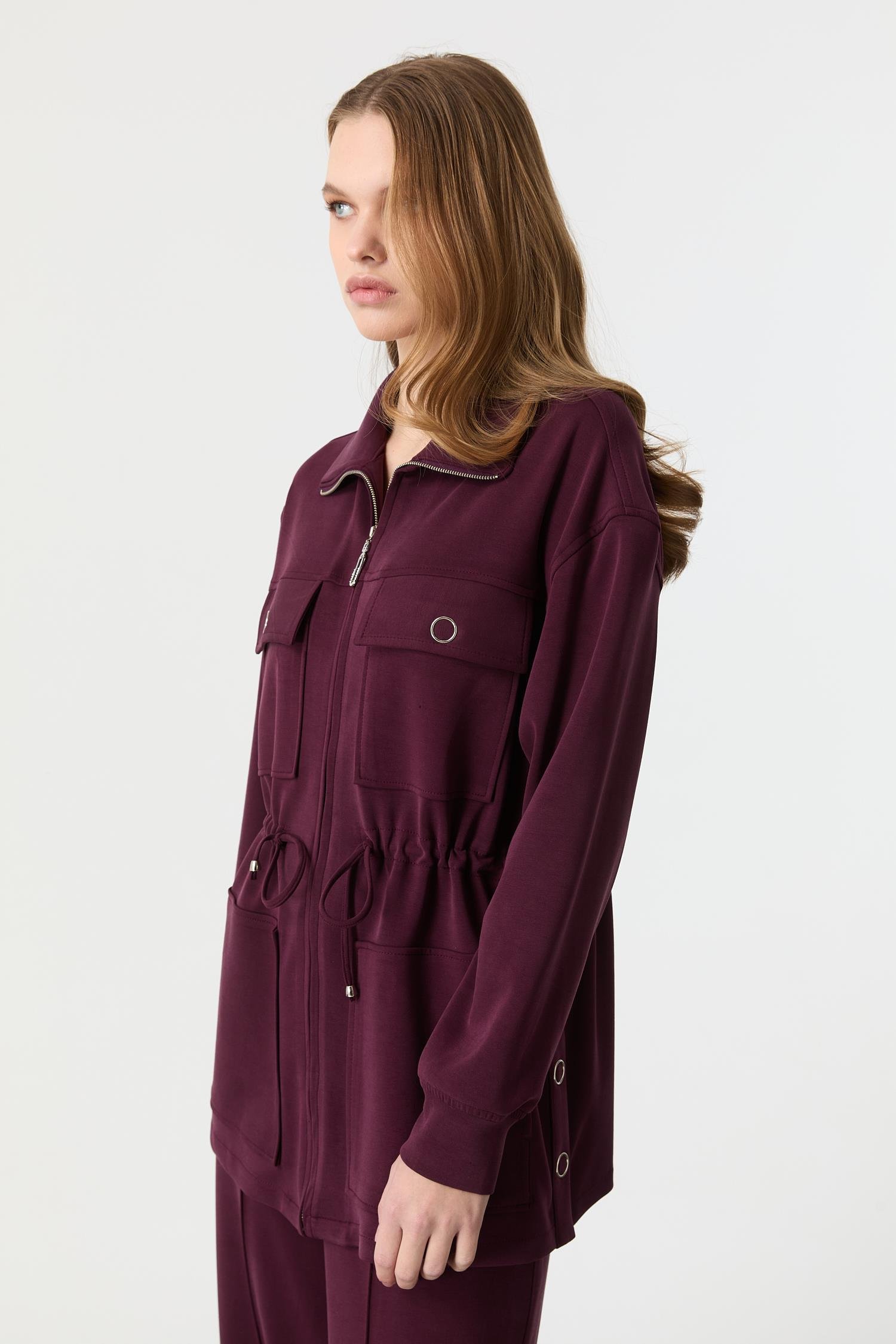 4 Cep Fermuar Detaylı Modal Tunik-BORDO