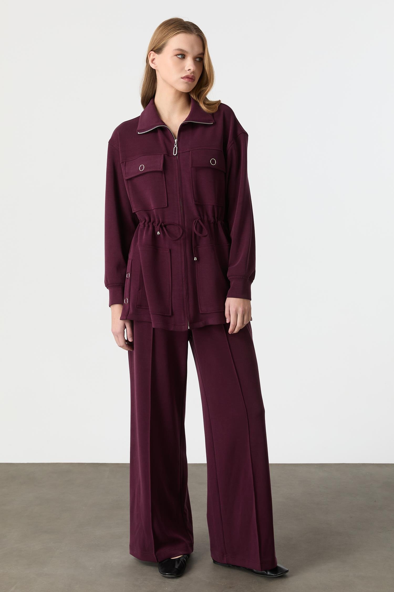 4 Cep Fermuar Detaylı Modal Tunik-BORDO