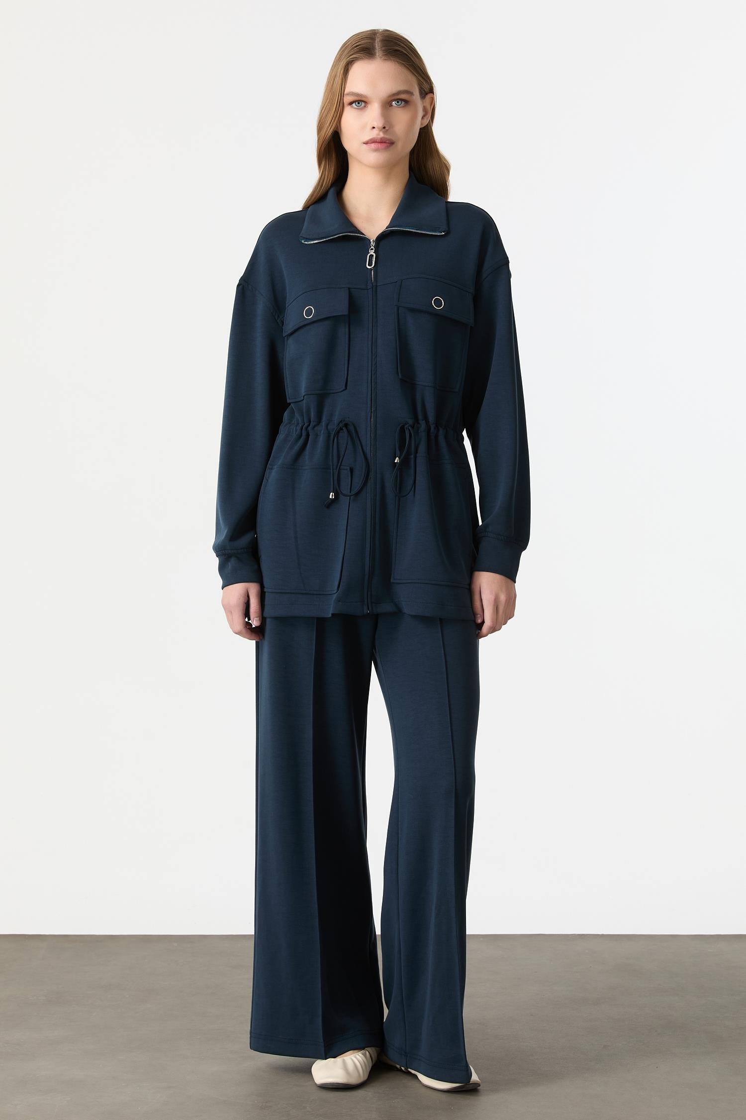 4 Cep Fermuar Detaylı Modal Tunik-PETROL