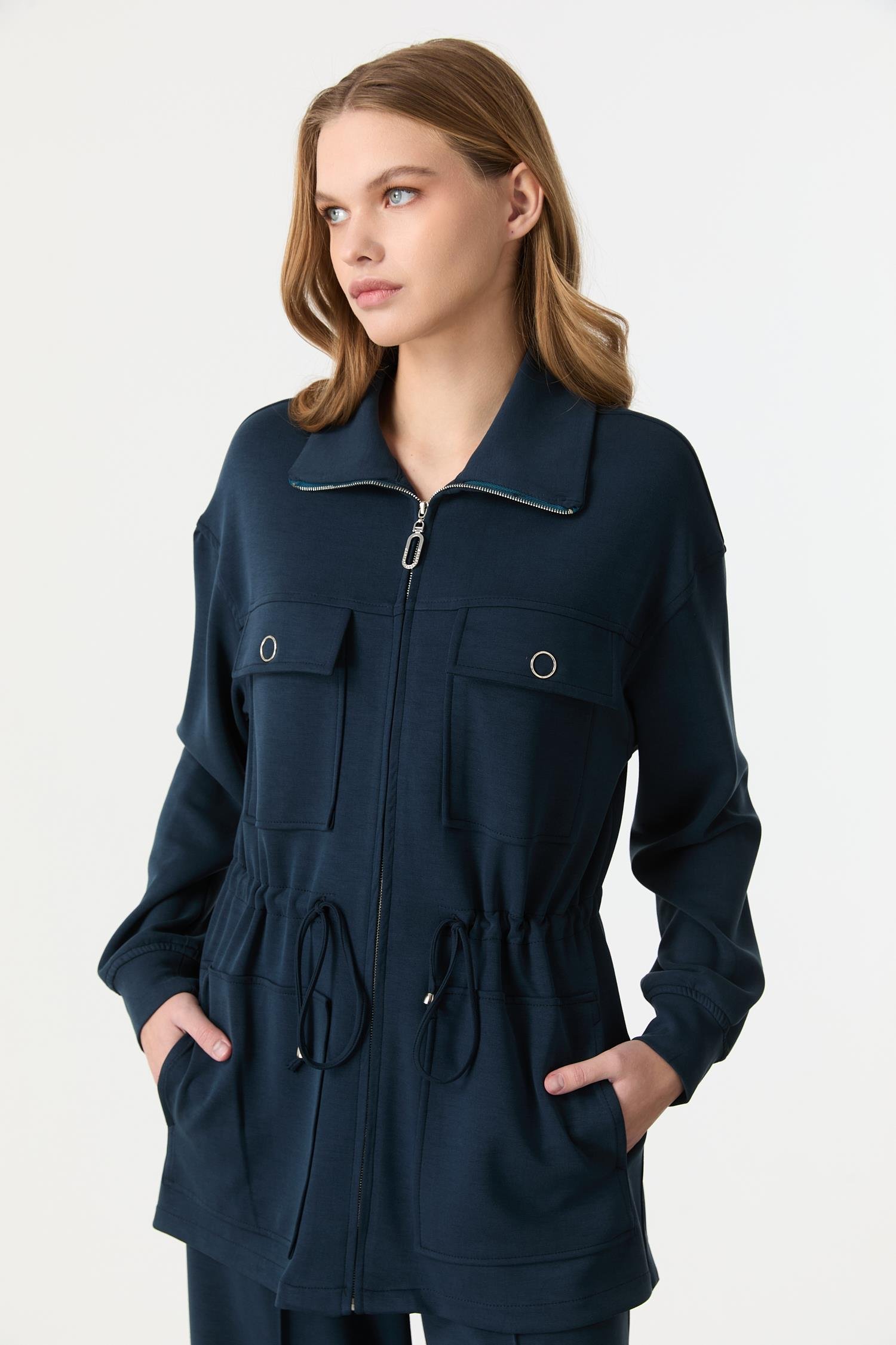 4 Cep Fermuar Detaylı Modal Tunik-PETROL