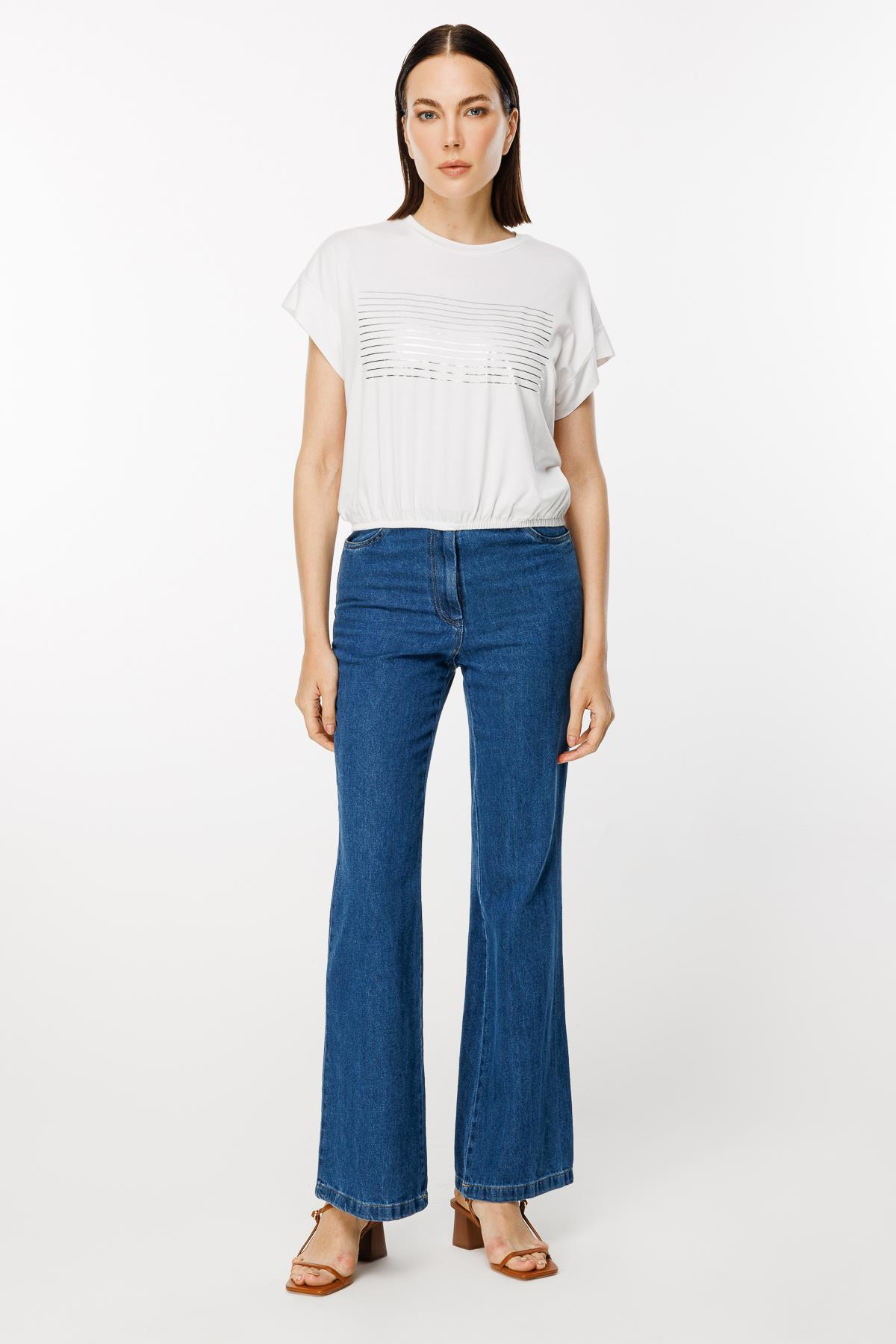 Altı Lastikli Çizgi Baskı Desenli Tişört - KEMIK