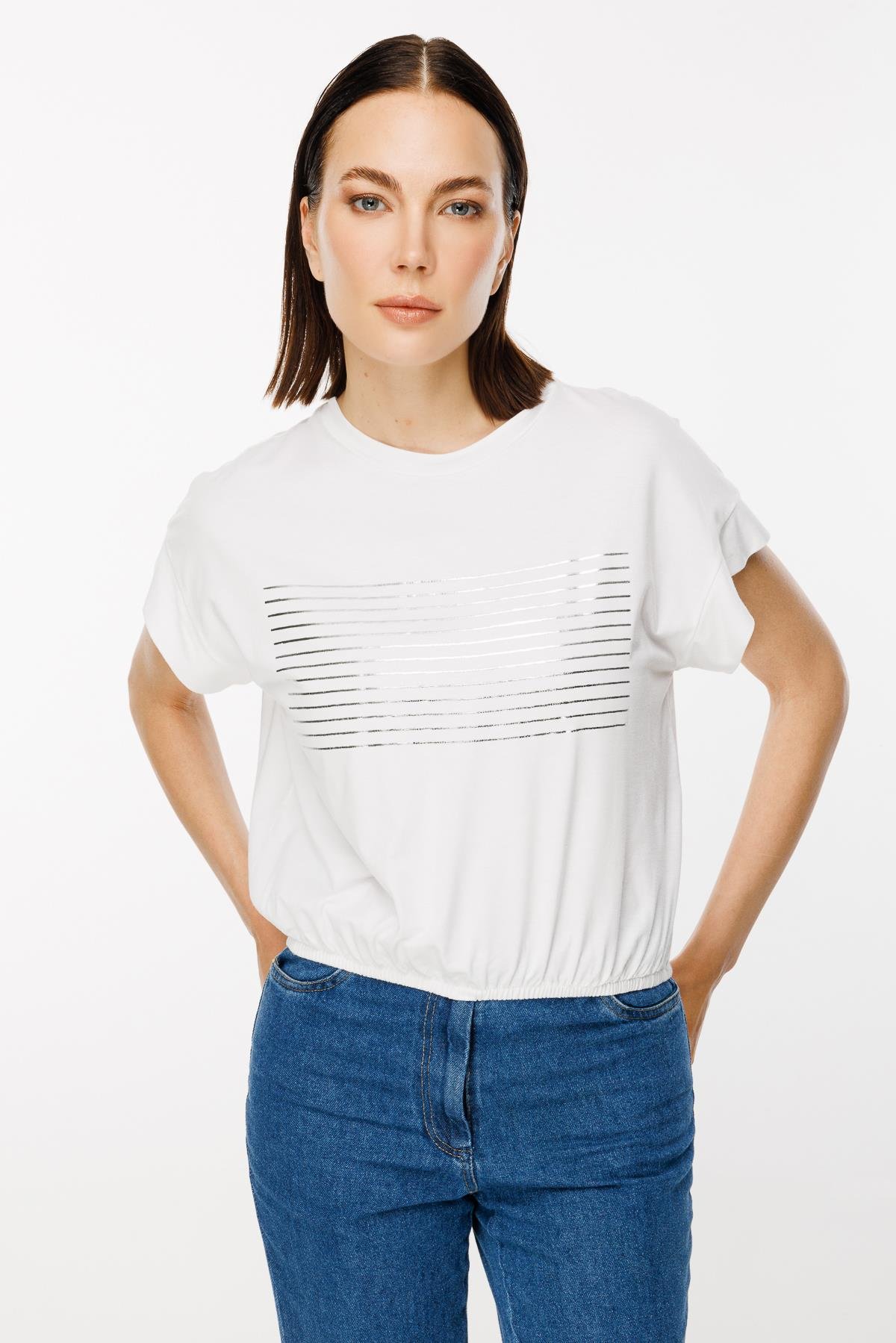 Altı Lastikli Çizgi Baskı Desenli Tişört - KEMIK