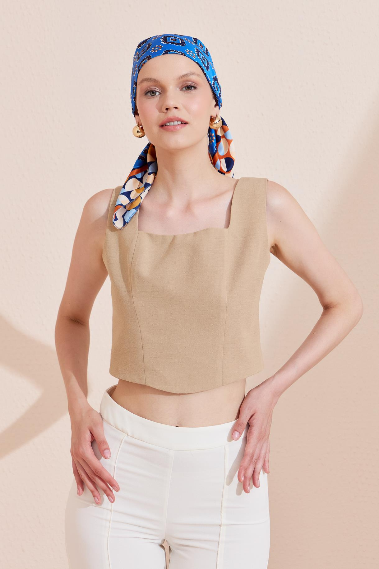 Arkası Lastikli Keten Crop - BEJ