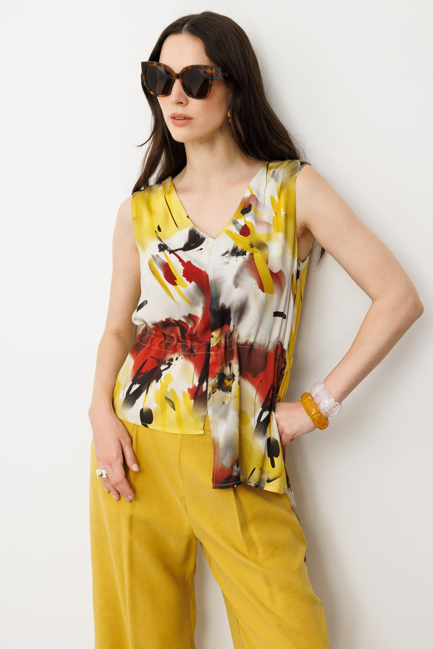 Asimetrik Kesim Baskılı Kolsuz Bluz-SARI