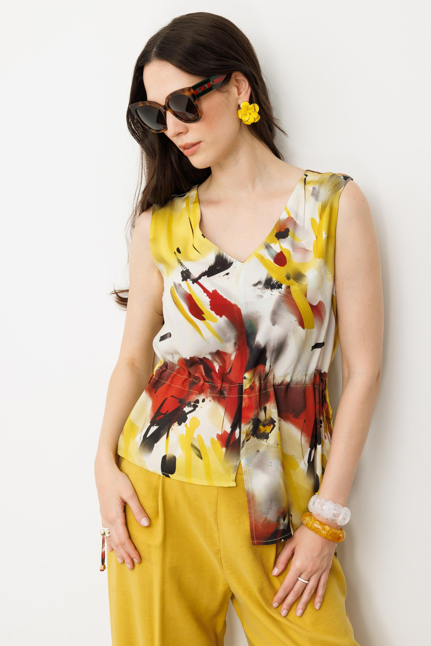 Asimetrik Kesim Baskılı Kolsuz Bluz-SARI