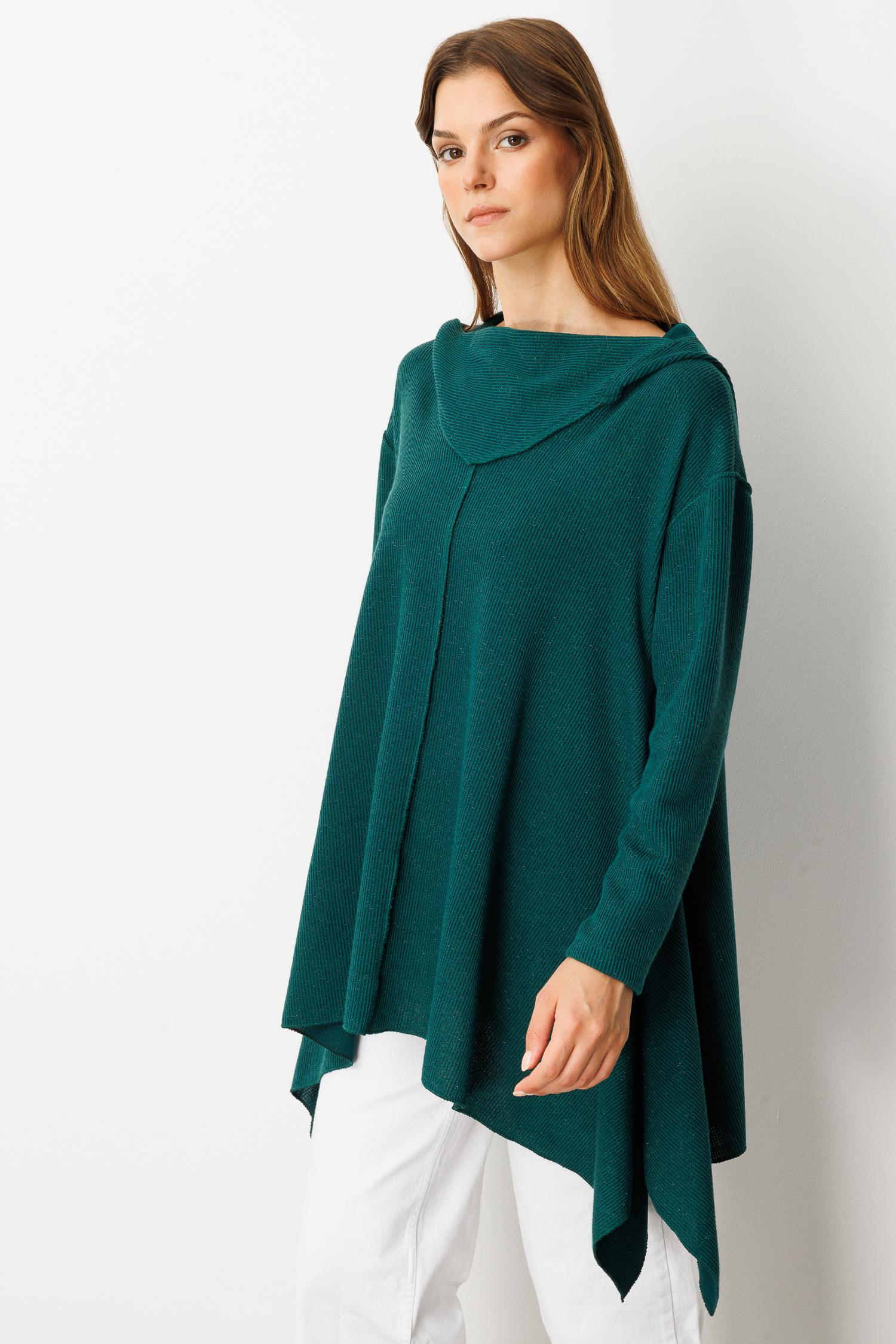 Asimetrik Kesim Kapüşonlu Dokuma Tunik-YEŞİL