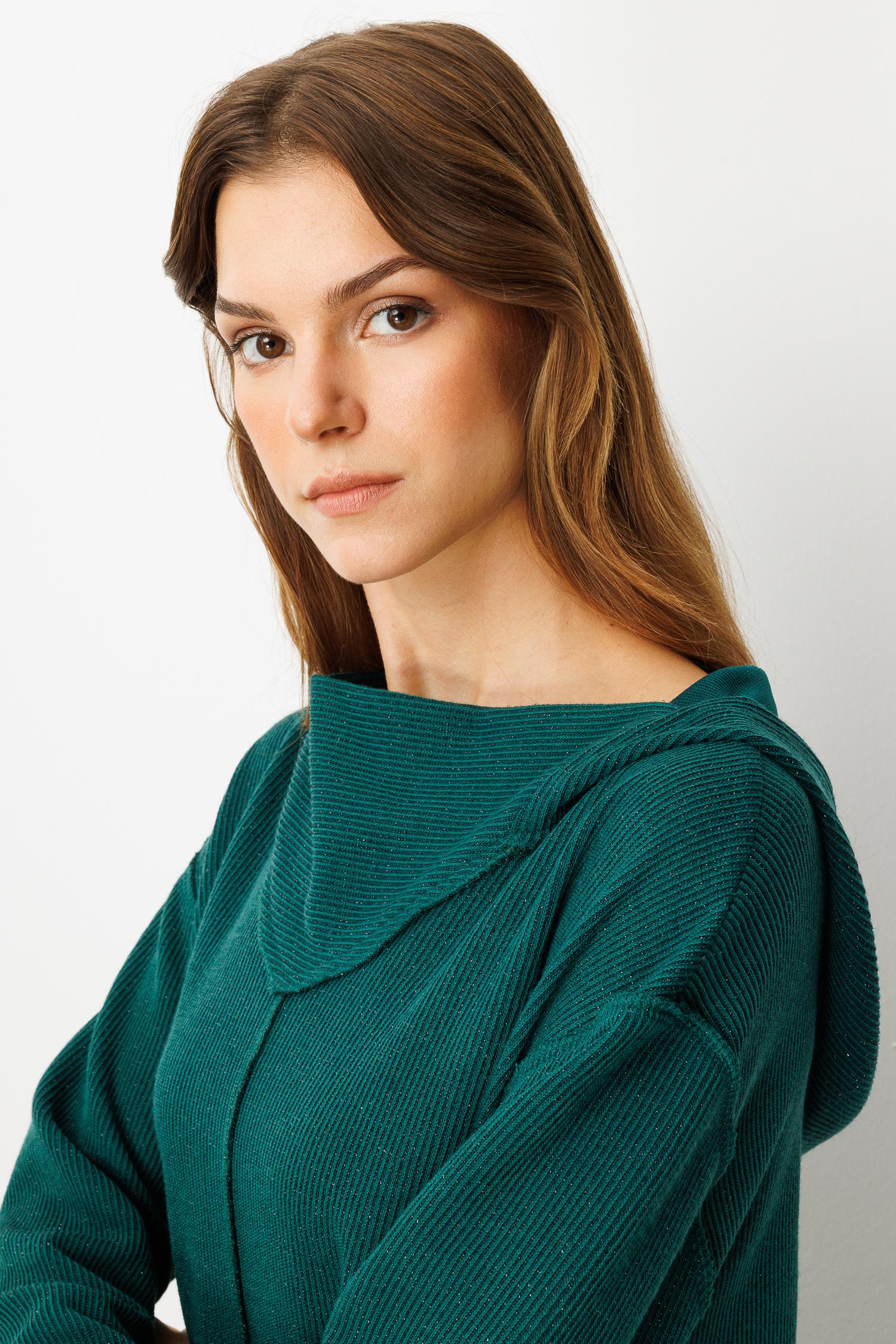 Asimetrik Kesim Kapüşonlu Dokuma Tunik-YEŞİL