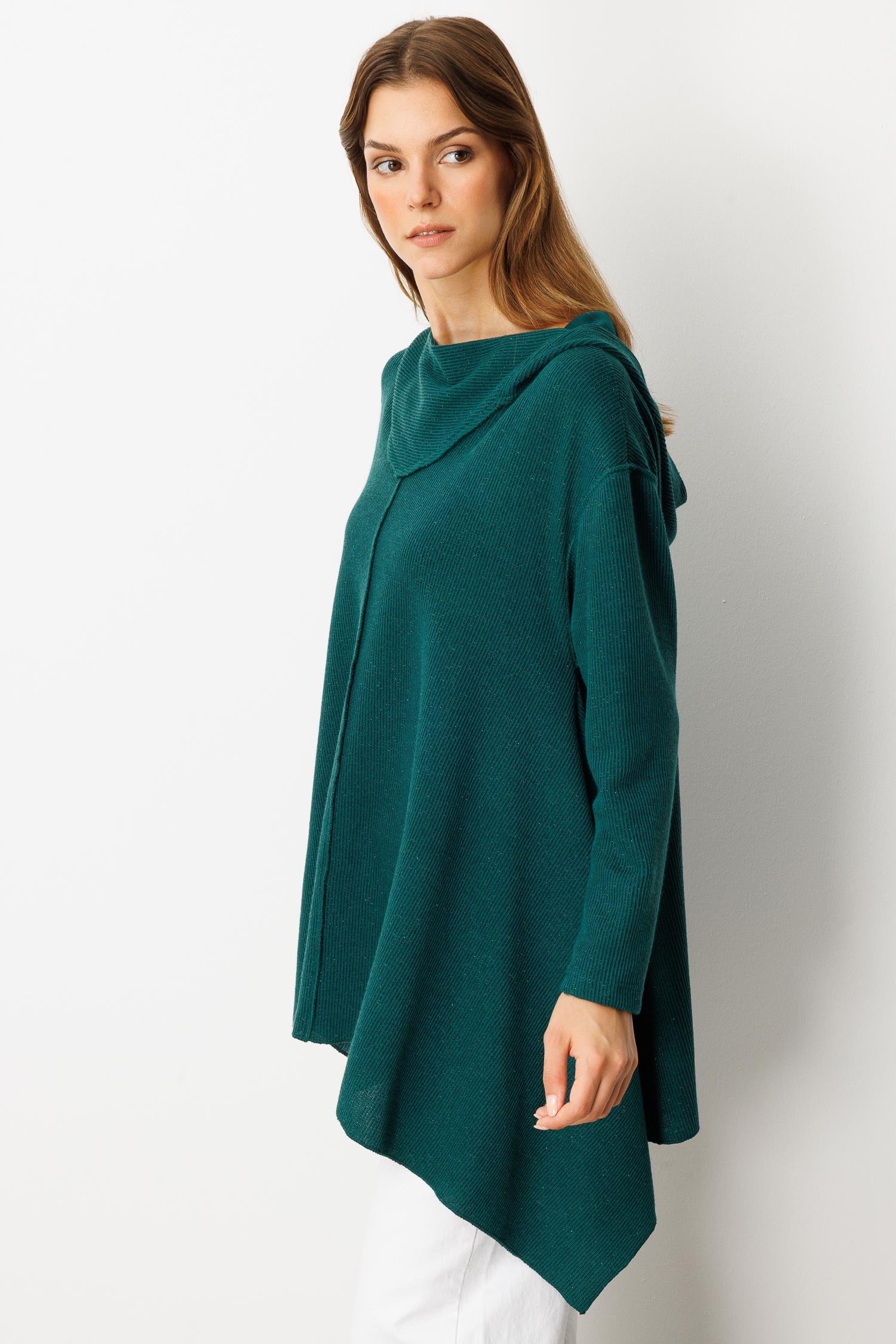 Asimetrik Kesim Kapüşonlu Dokuma Tunik-YEŞİL