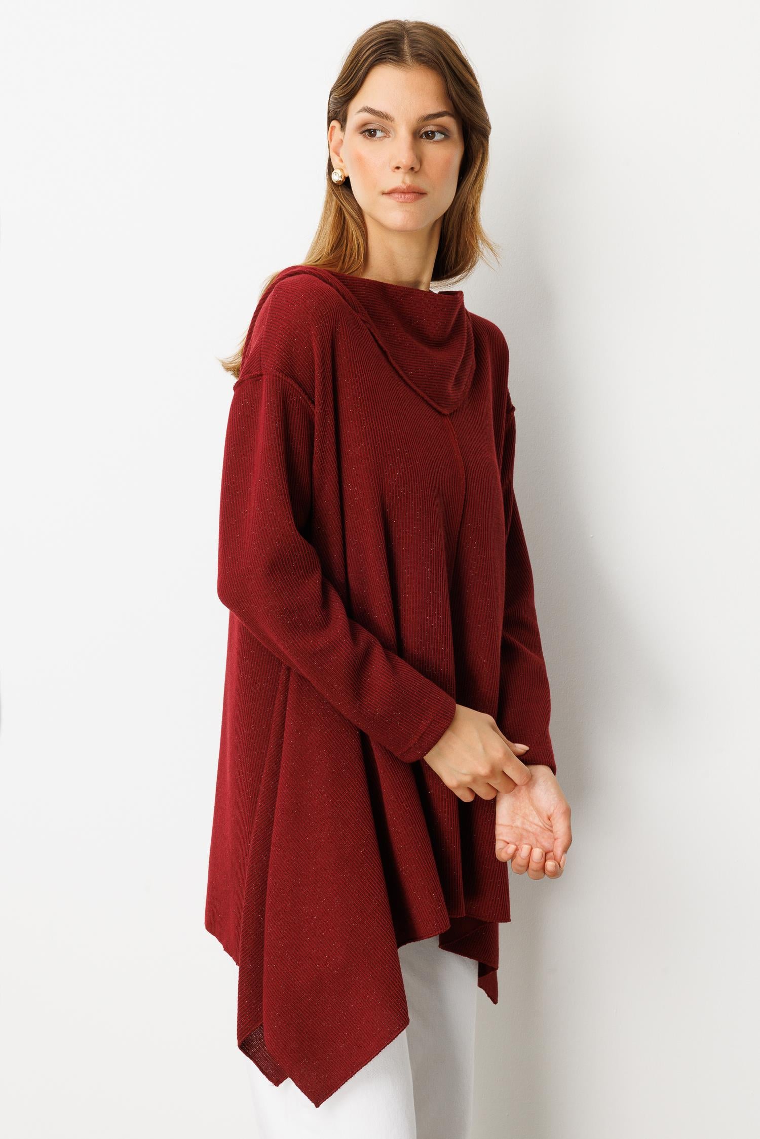 Asimetrik Kesim Kapüşonlu Dokuma Tunik-BORDO