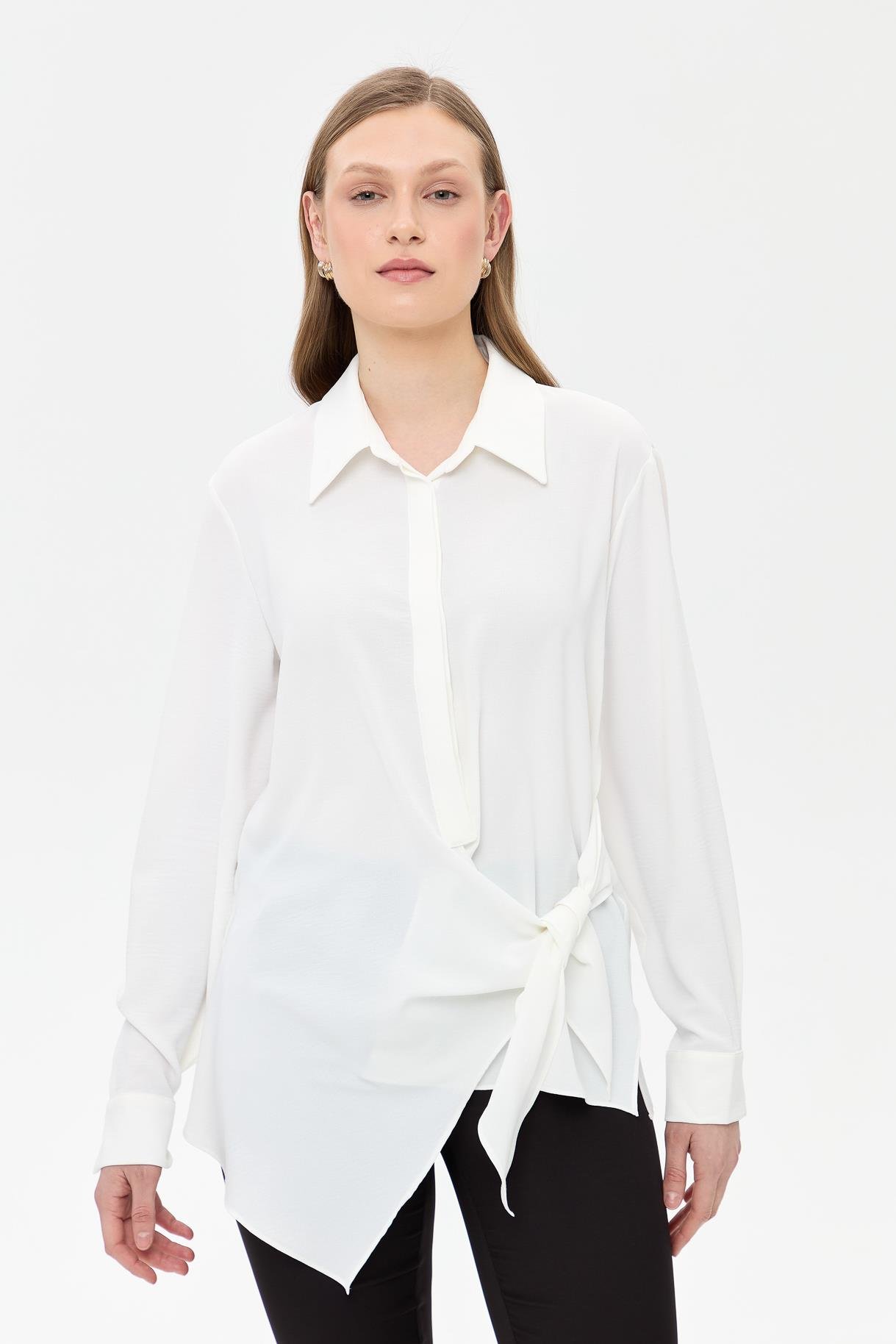Asimetrik Kesim Önü Bağlamalı Gömlek - BEYAZ