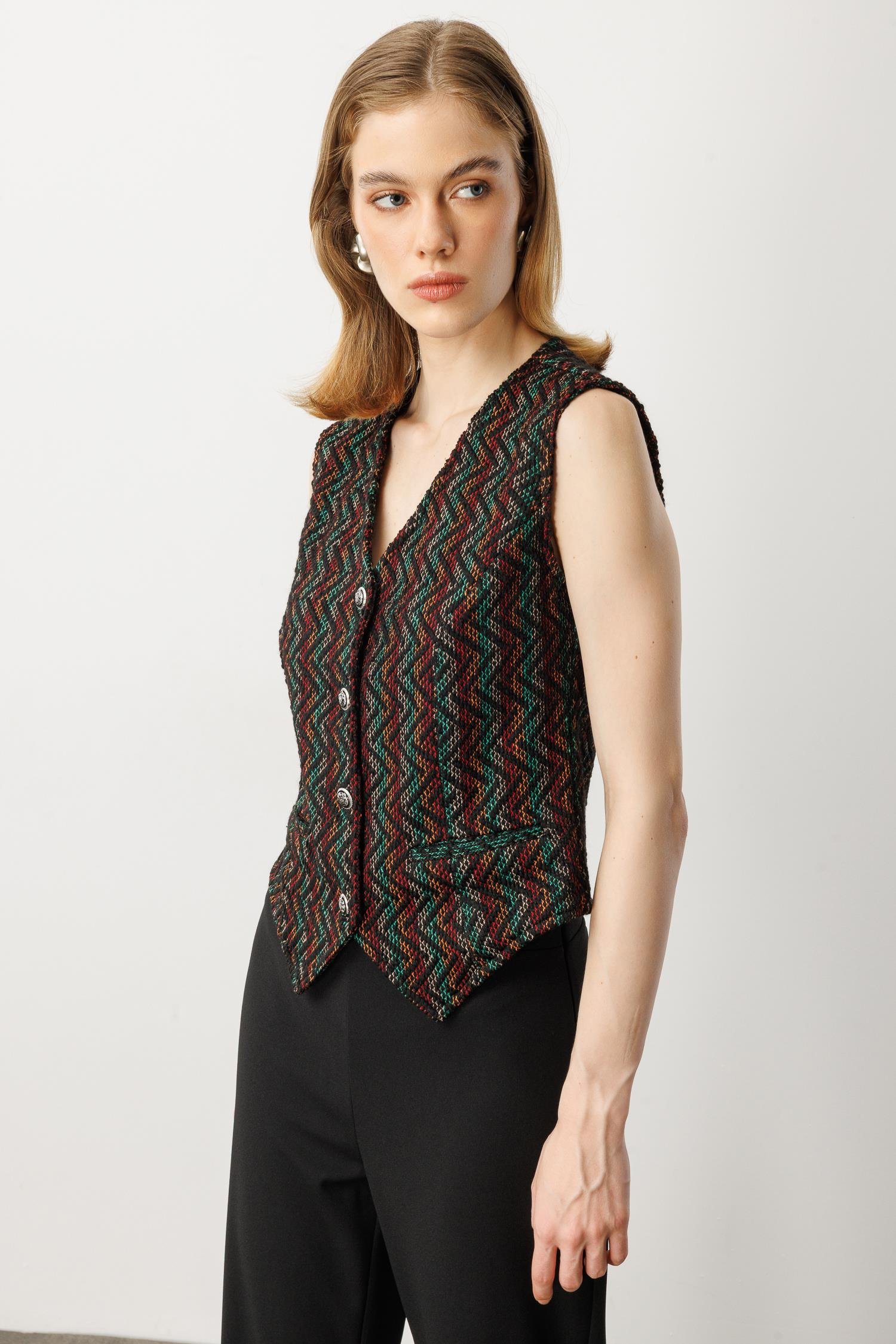 Asimetrik Kesim Örme Yelek-HAKİ