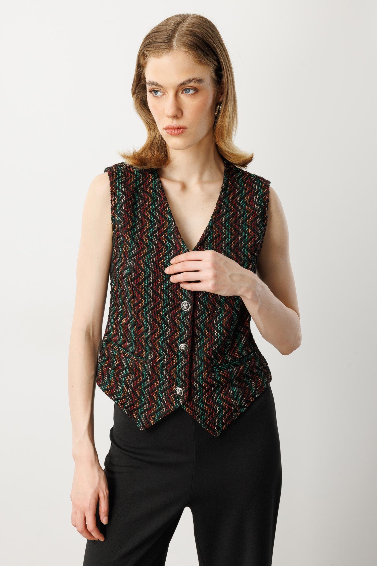 Asimetrik Kesim Örme Yelek-HAKİ