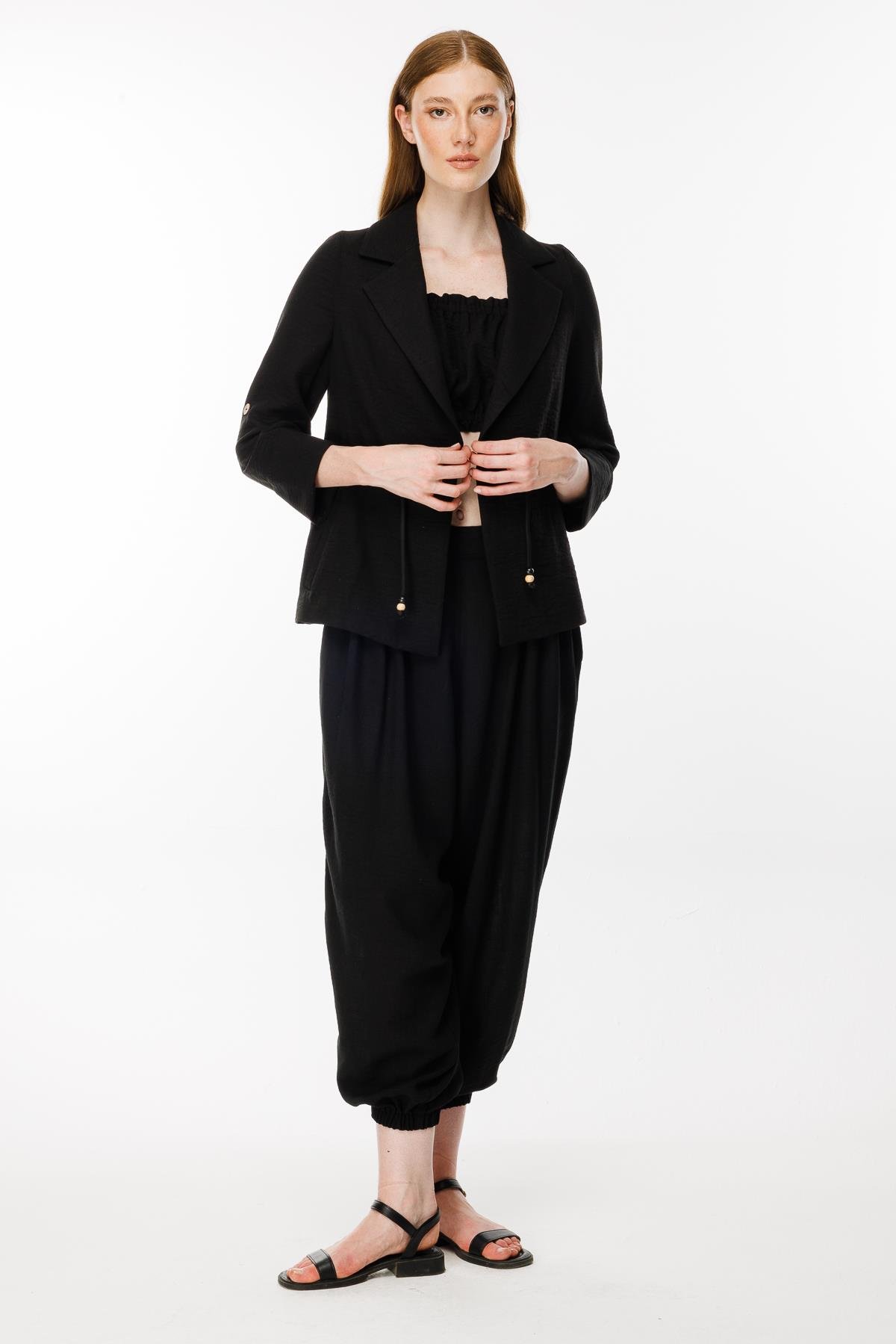 Ayaralanabilir İp Detaylı Keten Ceket - SİYAH