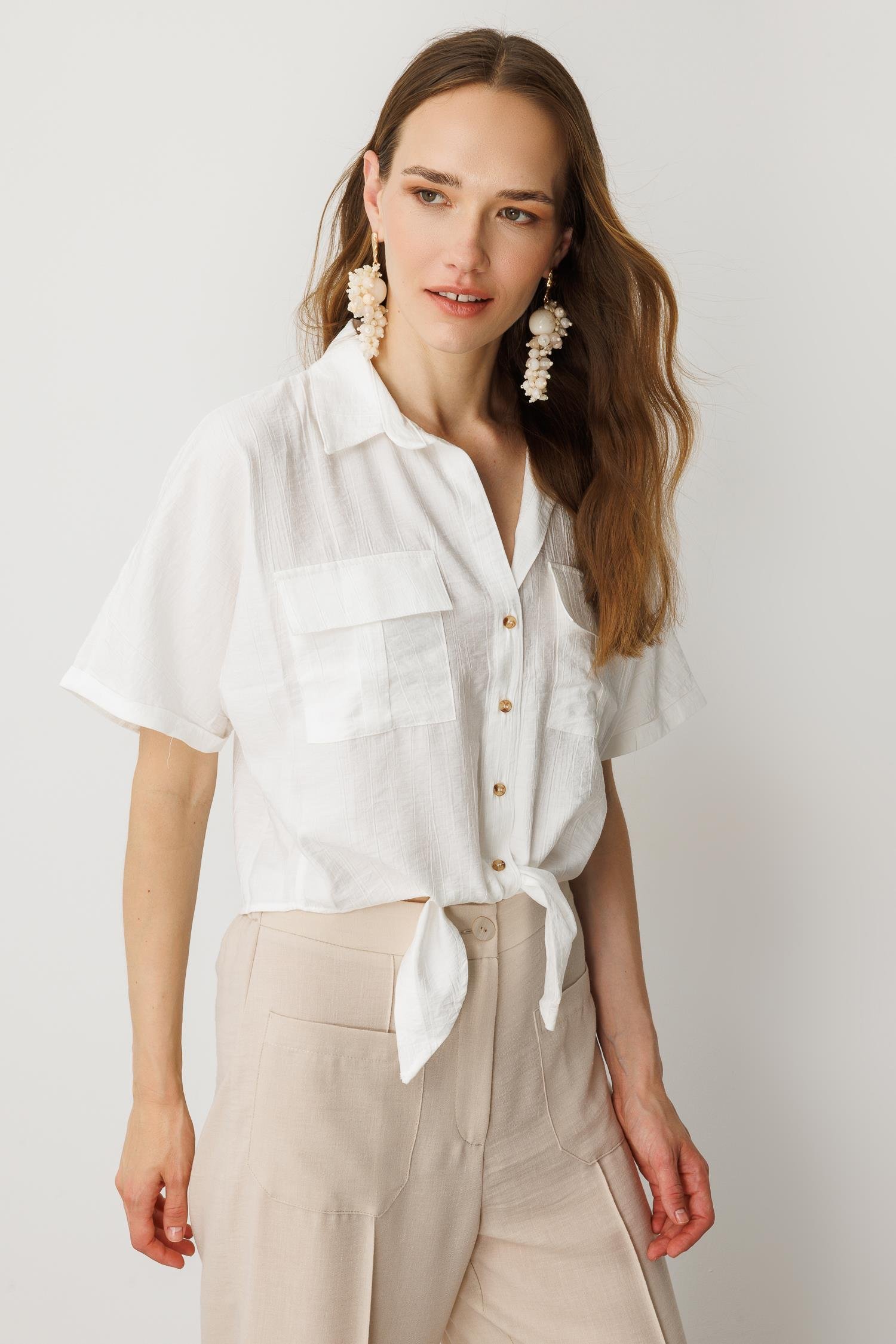Bağlama Detaylı Crop Gömlek-EKRU