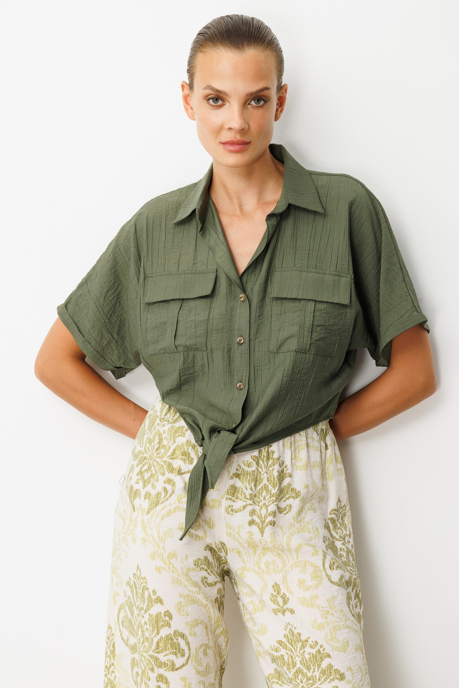 Bağlama Detaylı Crop Gömlek-HAKİ