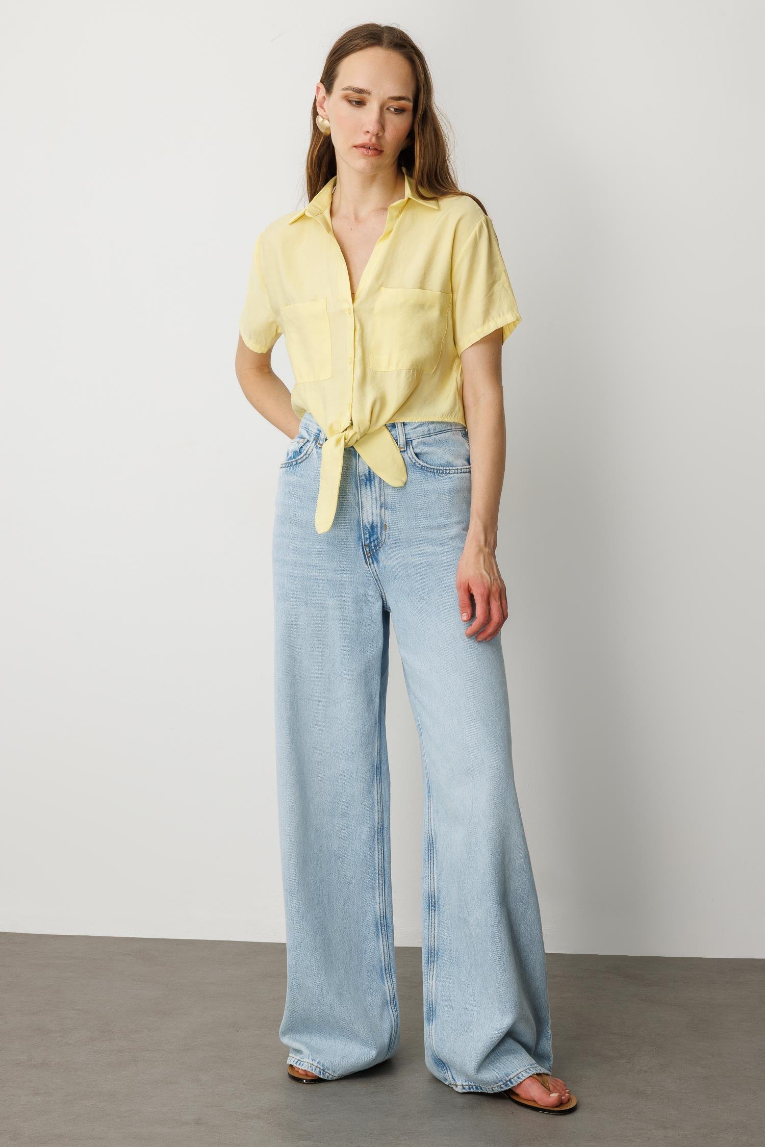 Bağlama Detaylı Kısa Gömlek-SARI