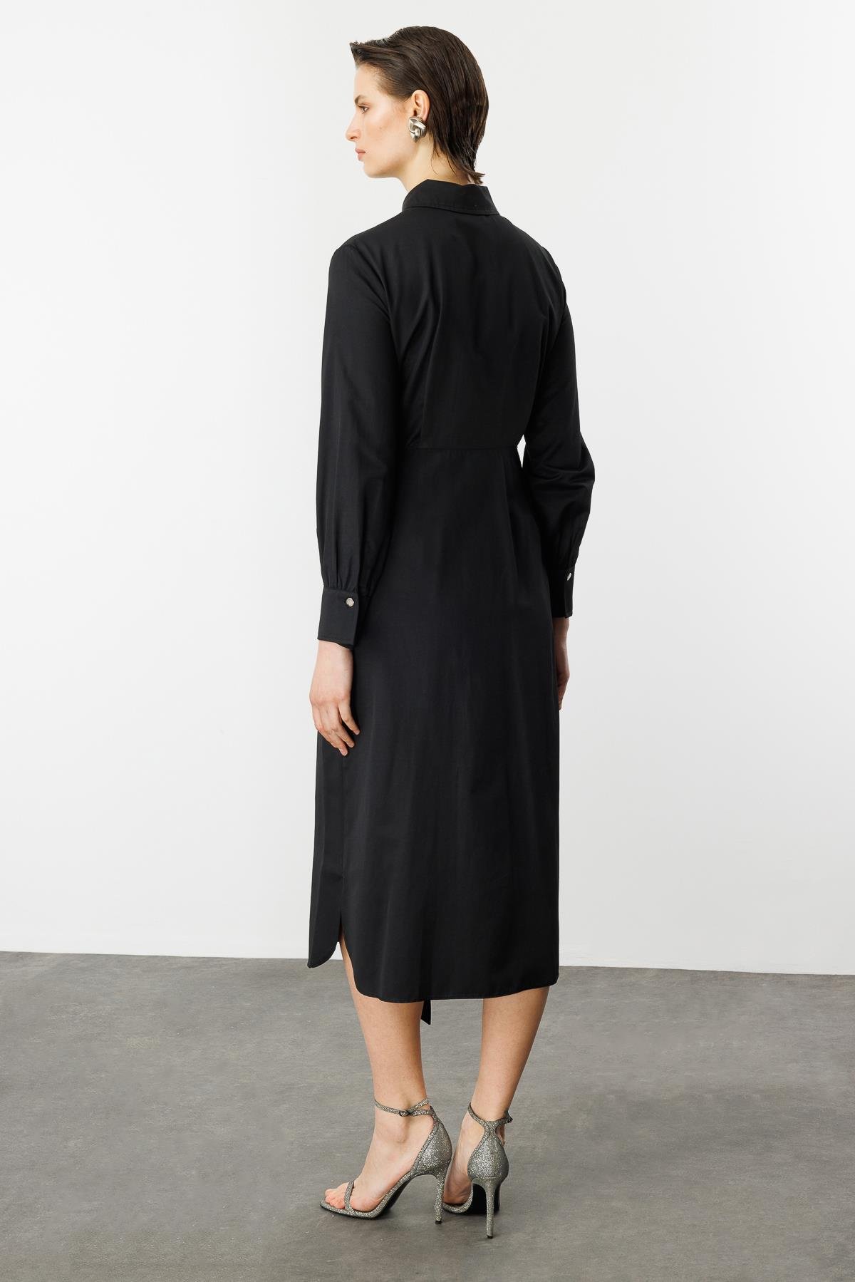 Bağlama Detaylı Uzun Gömlek Elbise-SİYAH