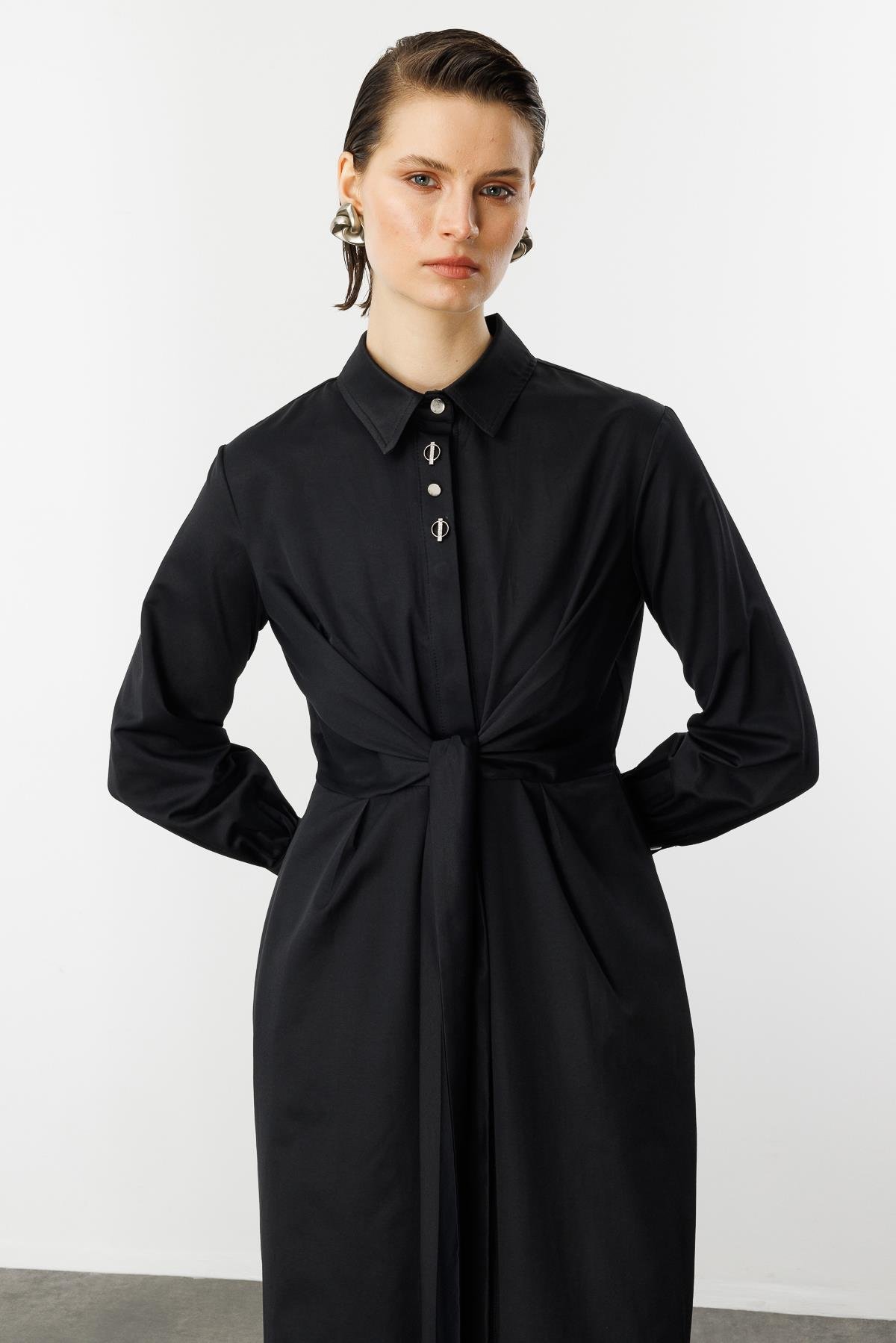 Bağlama Detaylı Uzun Gömlek Elbise-SİYAH