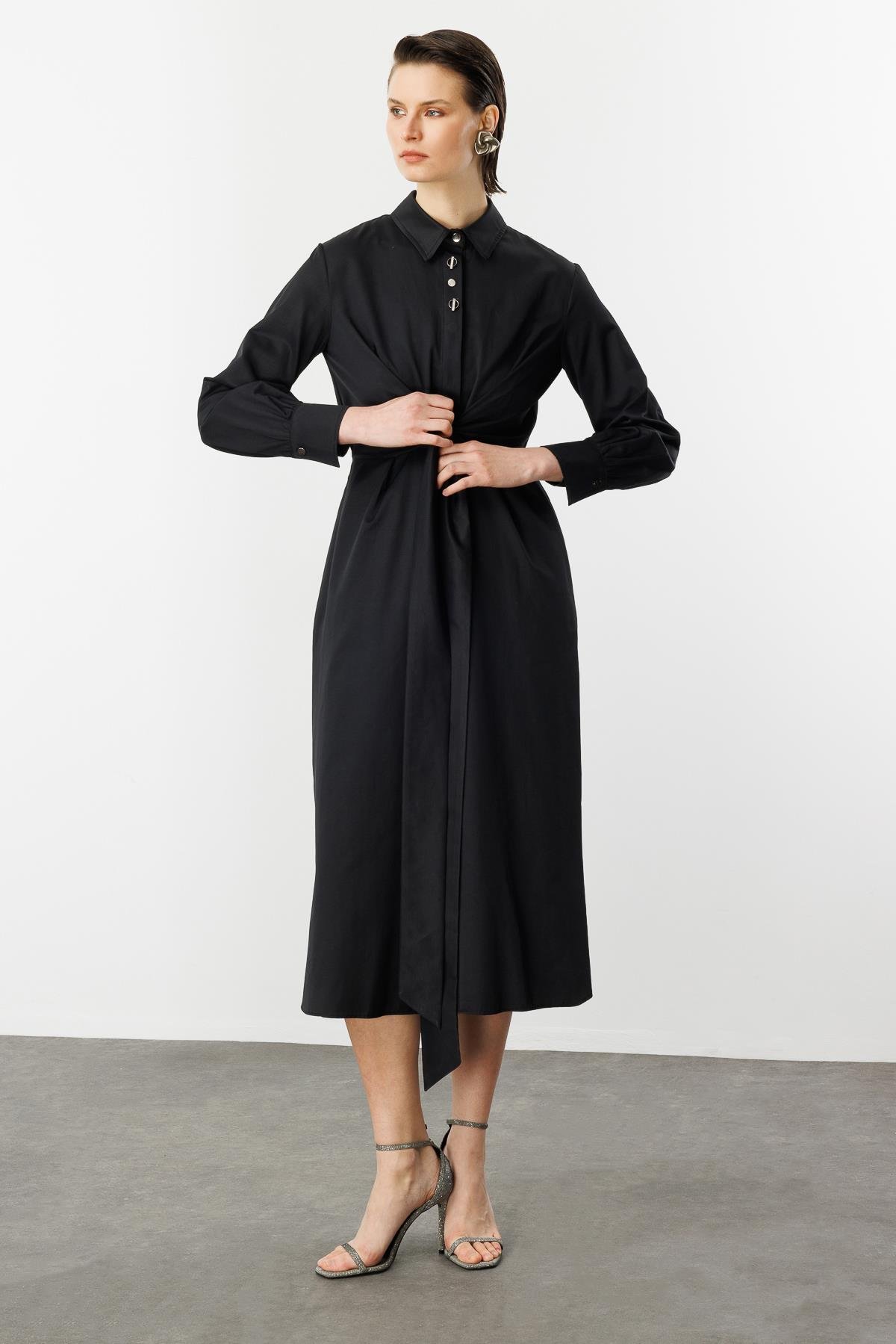 Bağlama Detaylı Uzun Gömlek Elbise-SİYAH