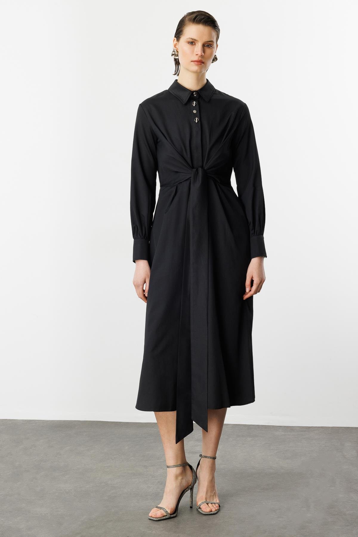 Bağlama Detaylı Uzun Gömlek Elbise-SİYAH