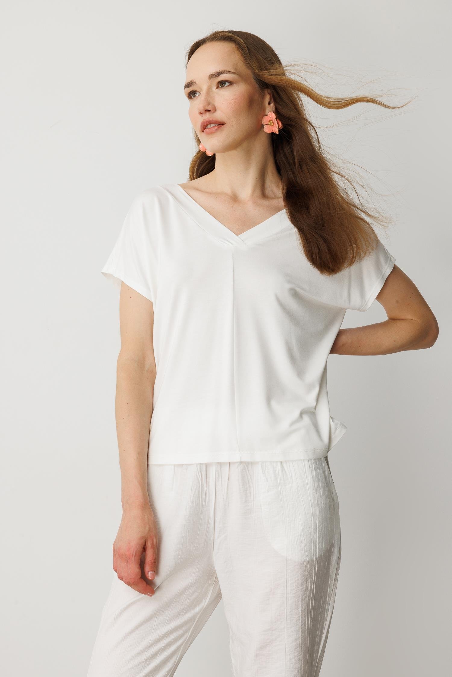 Bağlama Detaylı V Yaka Penye Tişört-KEMIK