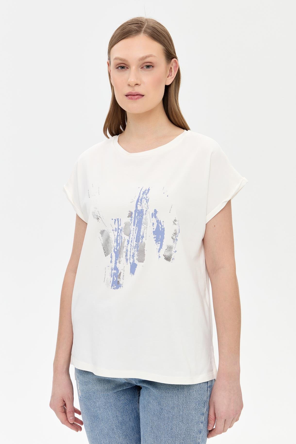 Baskı Desenli Kısa Kollu Tişört - MAVİ