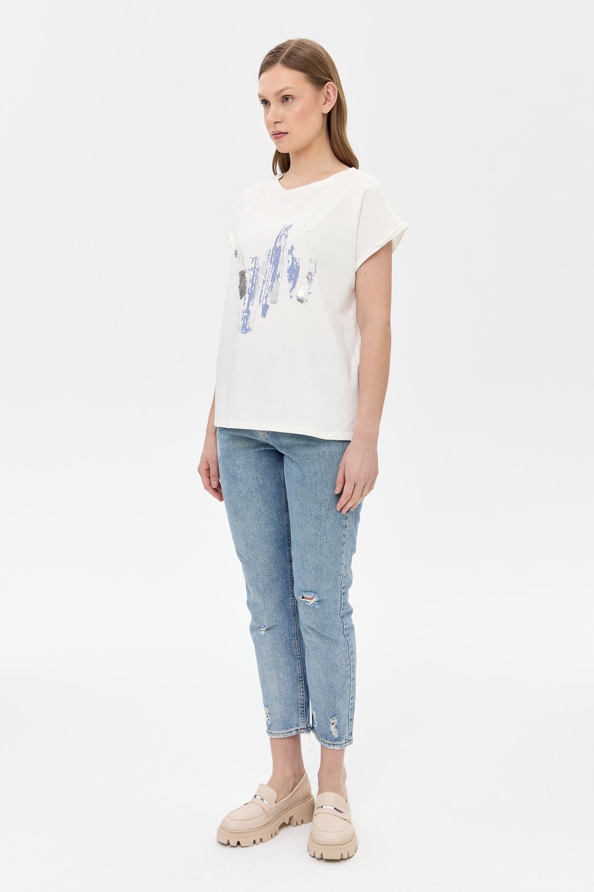 Baskı Desenli Kısa Kollu Tişört - MAVİ