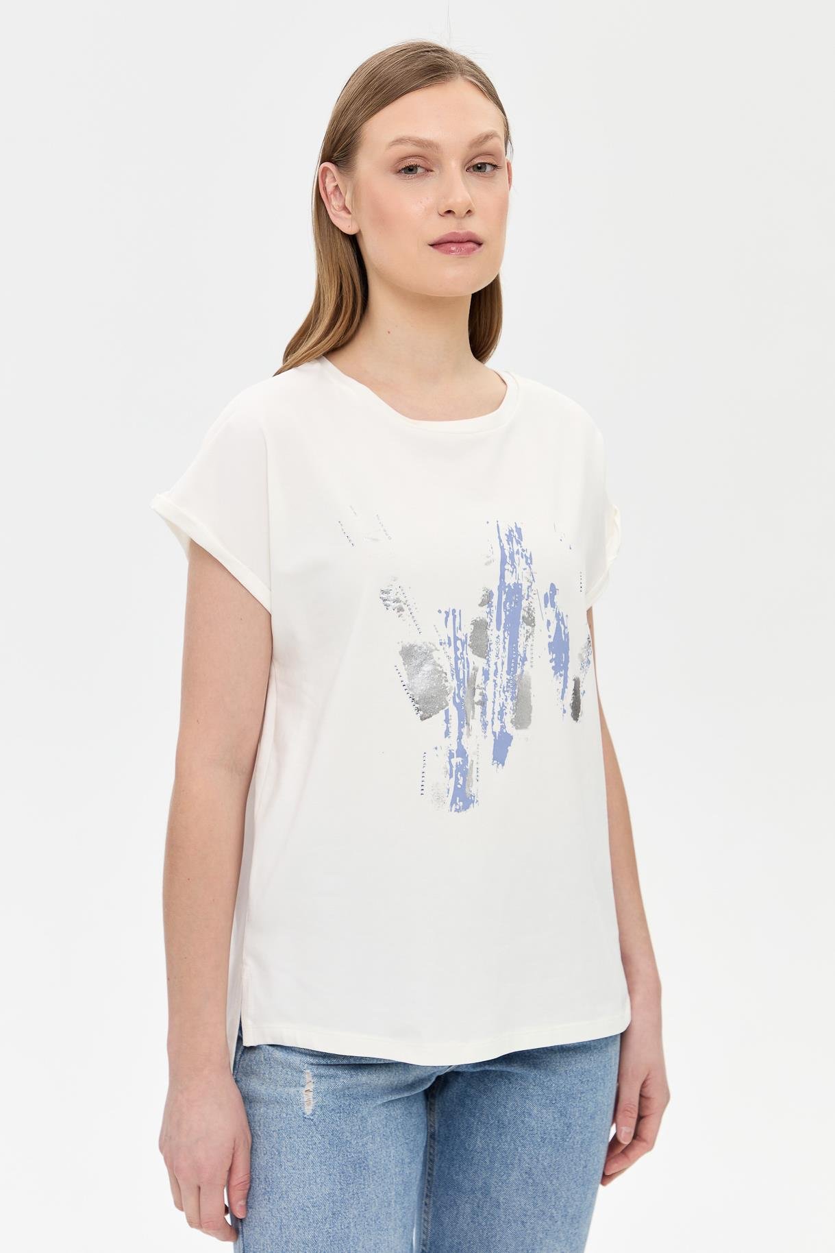 Baskı Desenli Kısa Kollu Tişört - MAVİ