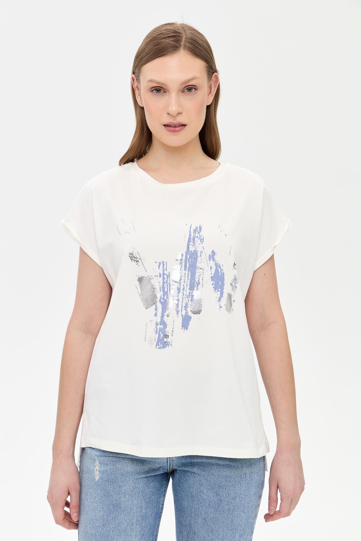 Baskı Desenli Kısa Kollu Tişört - MAVİ