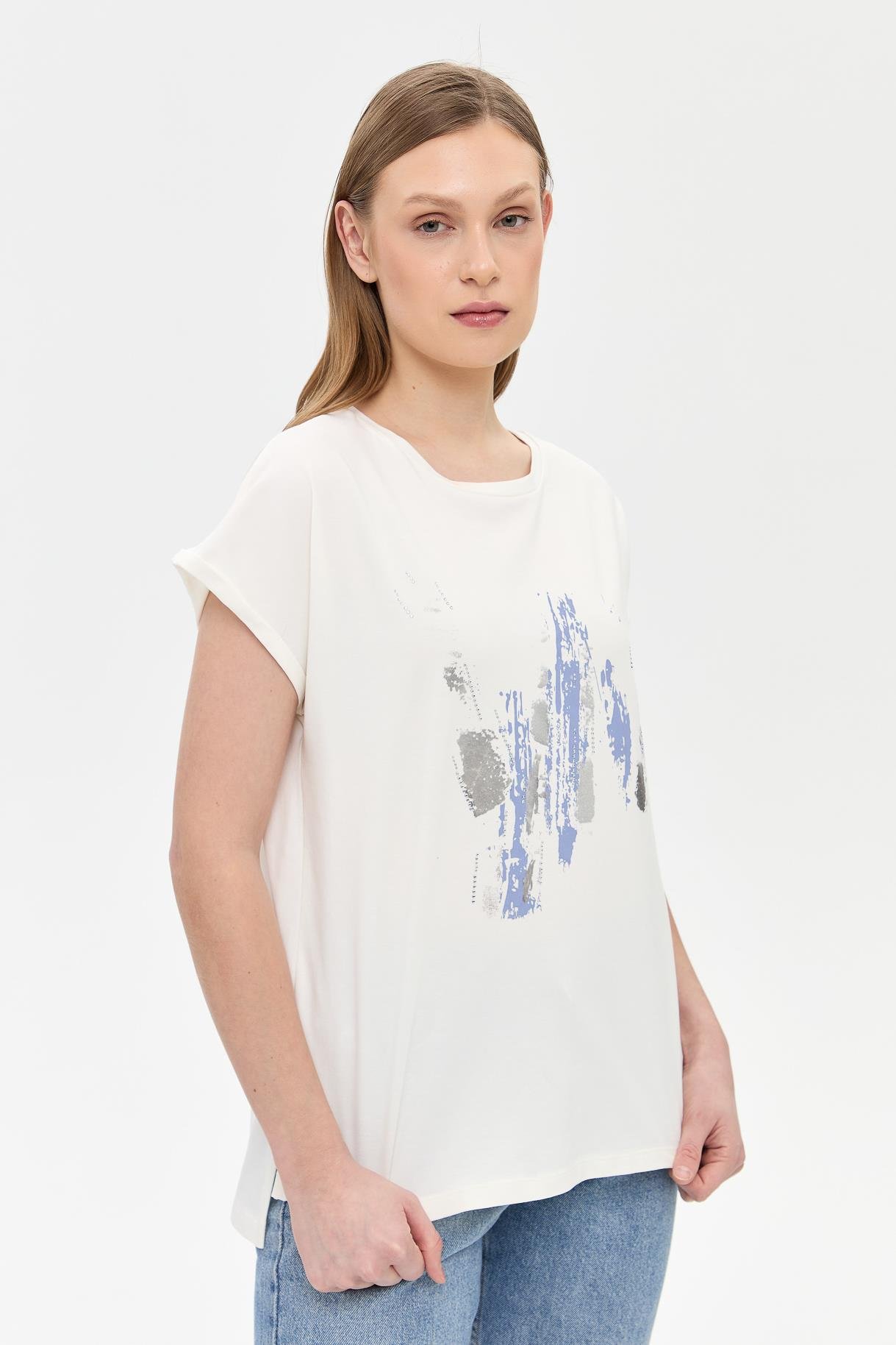 Baskı Desenli Kısa Kollu Tişört - MAVİ