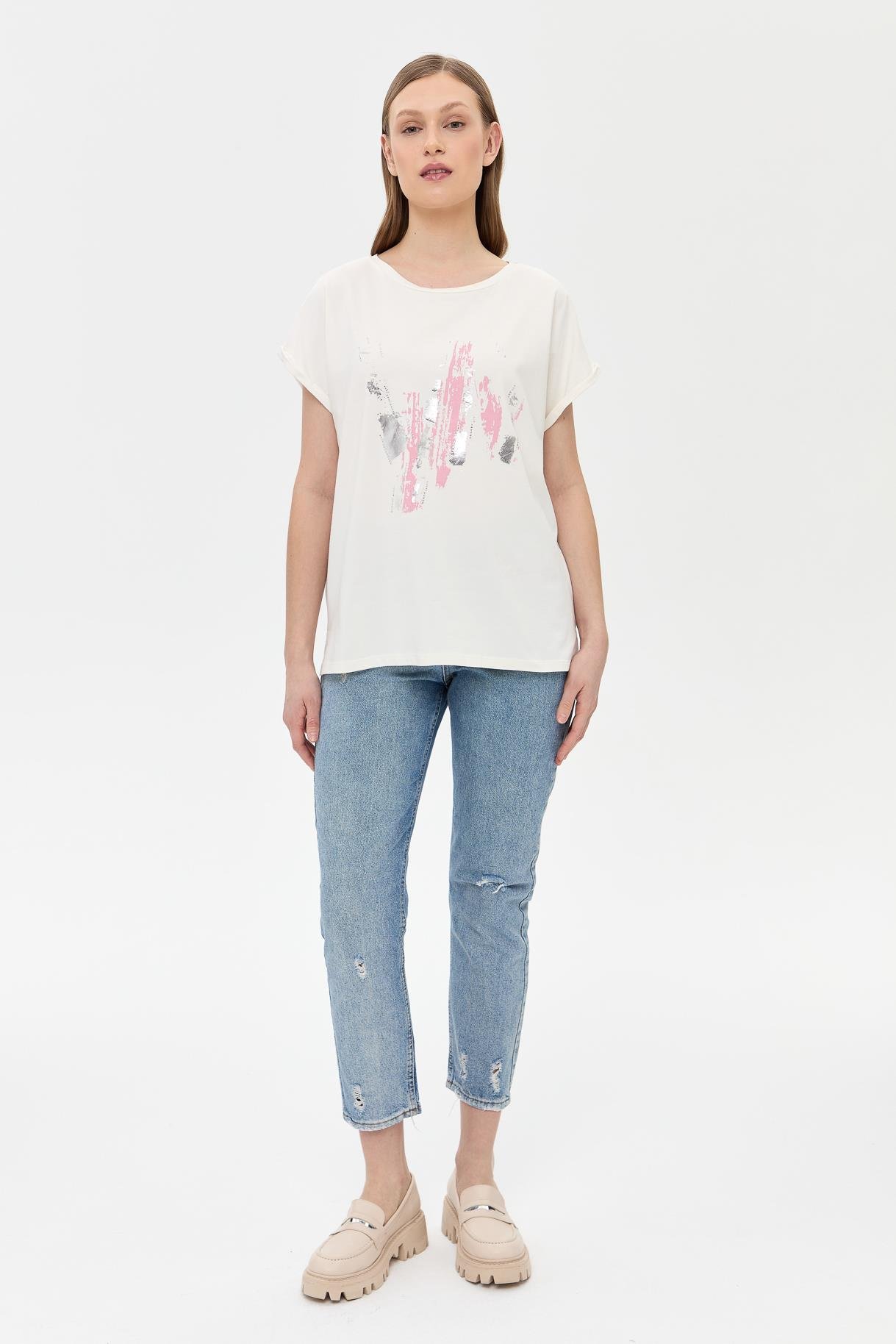 Baskı Desenli Kısa Kollu Tişört - PEMBE