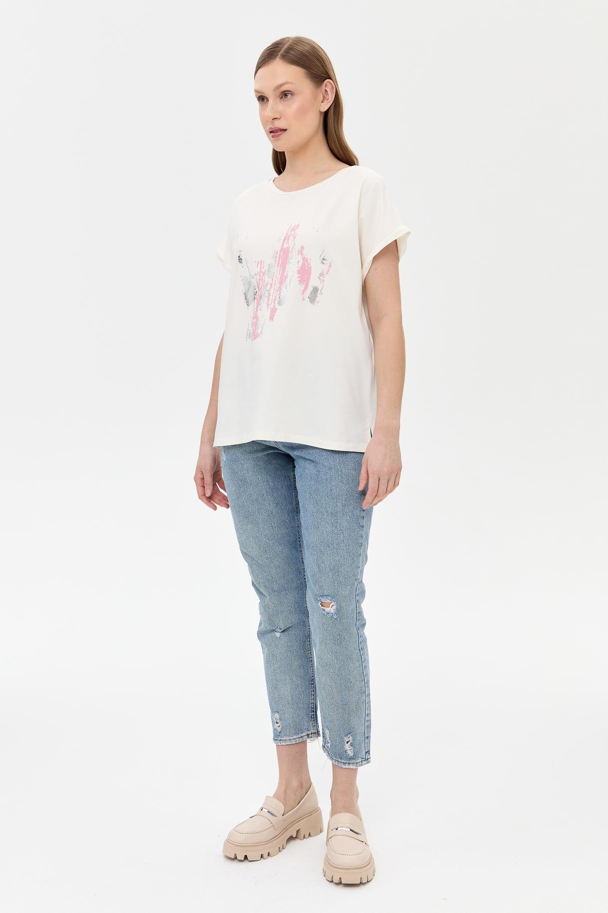 Baskı Desenli Kısa Kollu Tişört - PEMBE