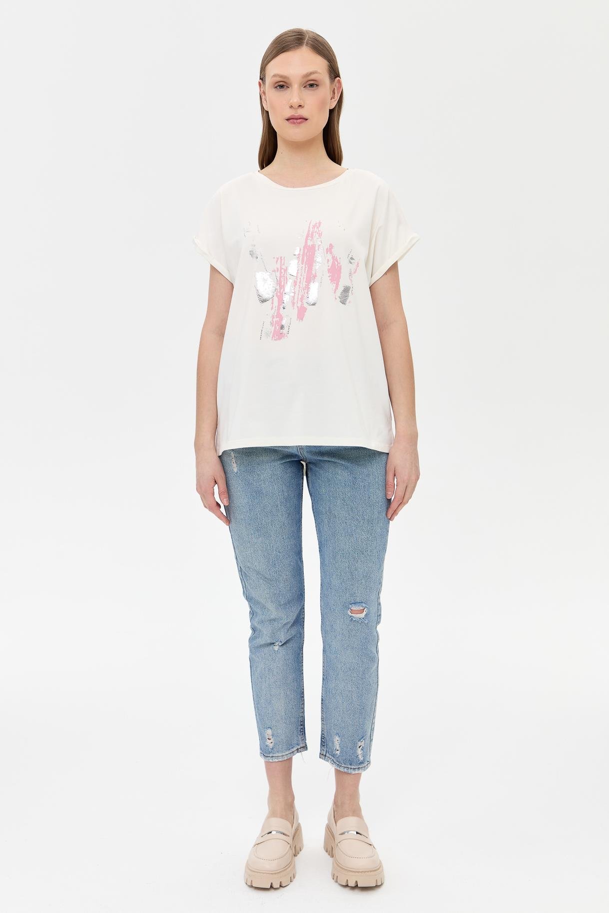 Baskı Desenli Kısa Kollu Tişört - PEMBE