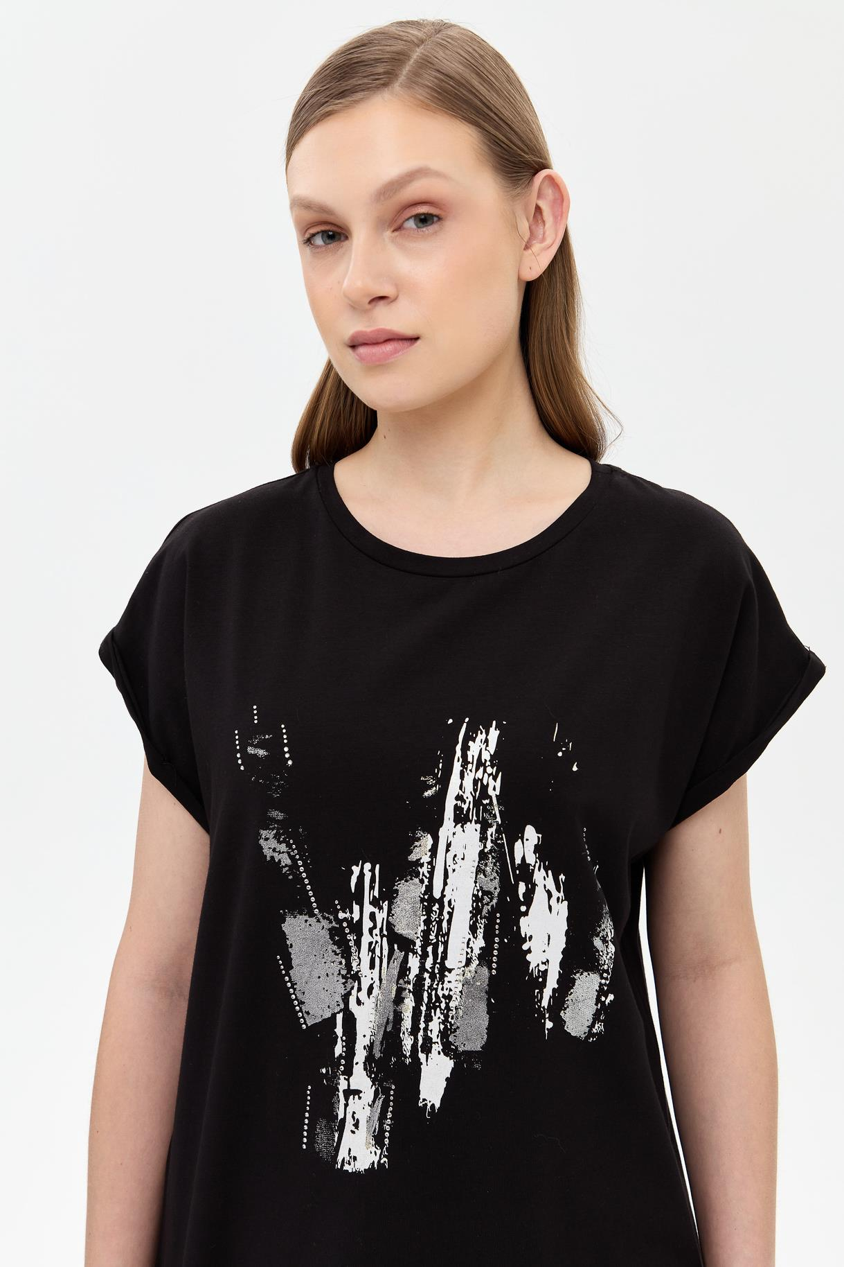 Baskı Desenli Kısa Kollu Tişört - SİYAH