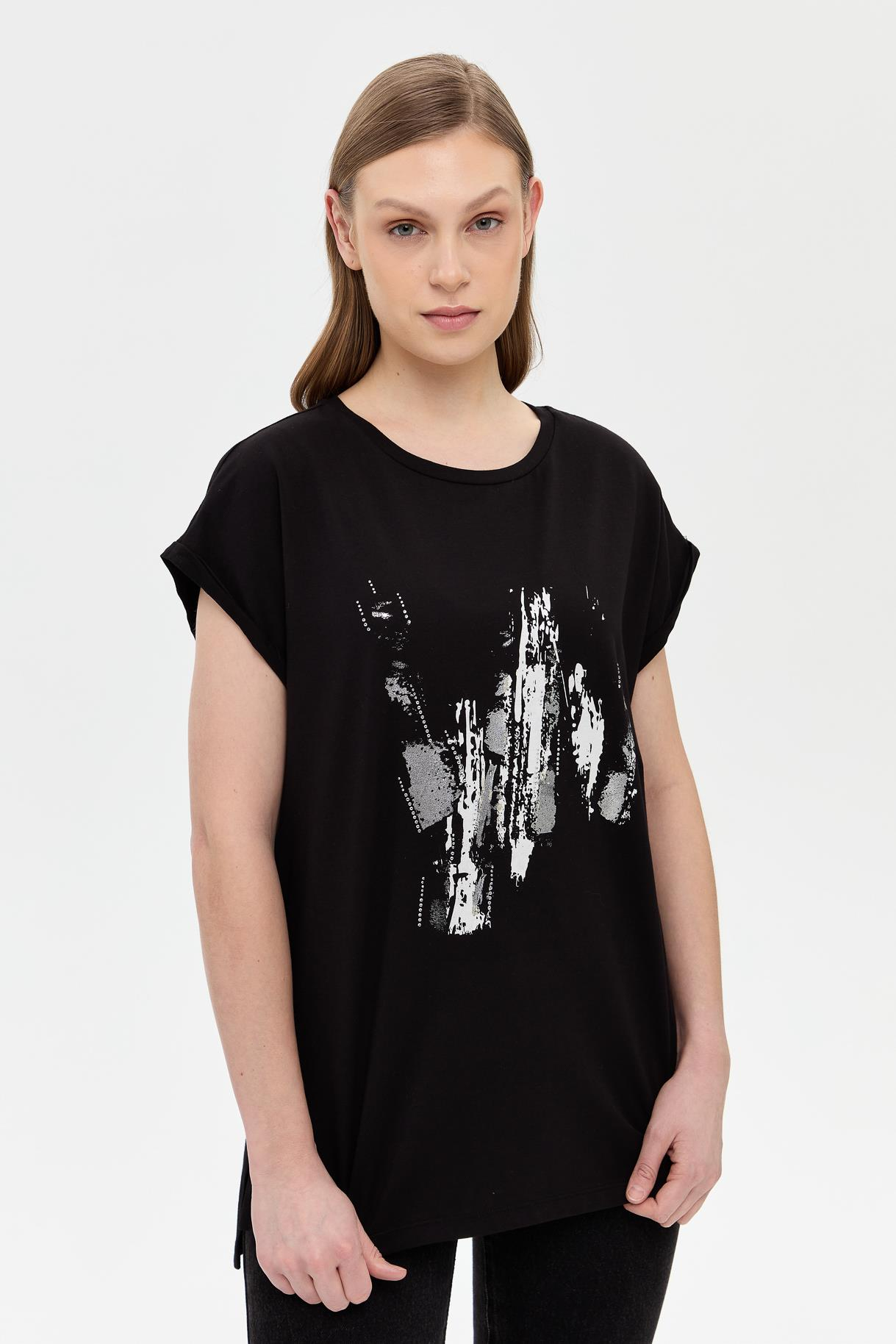 Baskı Desenli Kısa Kollu Tişört - SİYAH