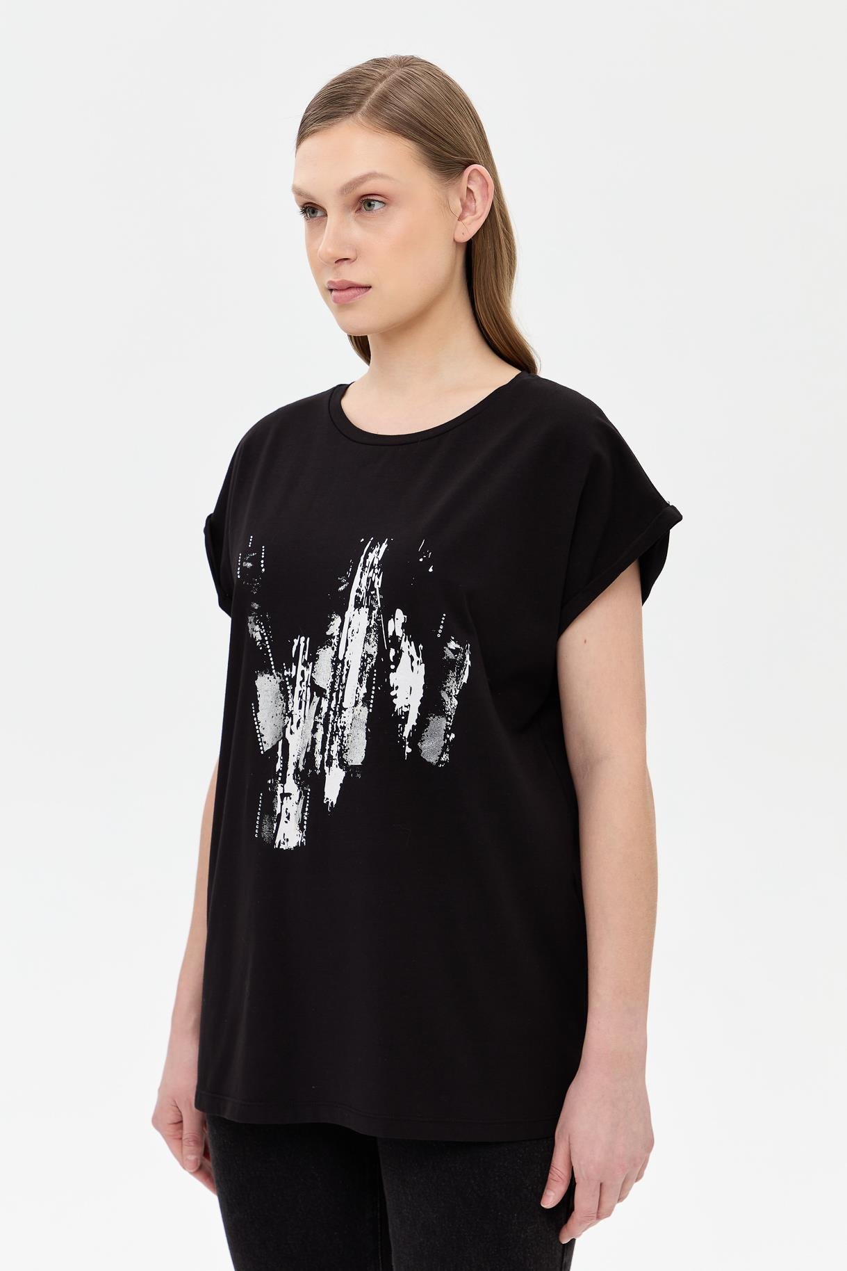 Baskı Desenli Kısa Kollu Tişört - SİYAH