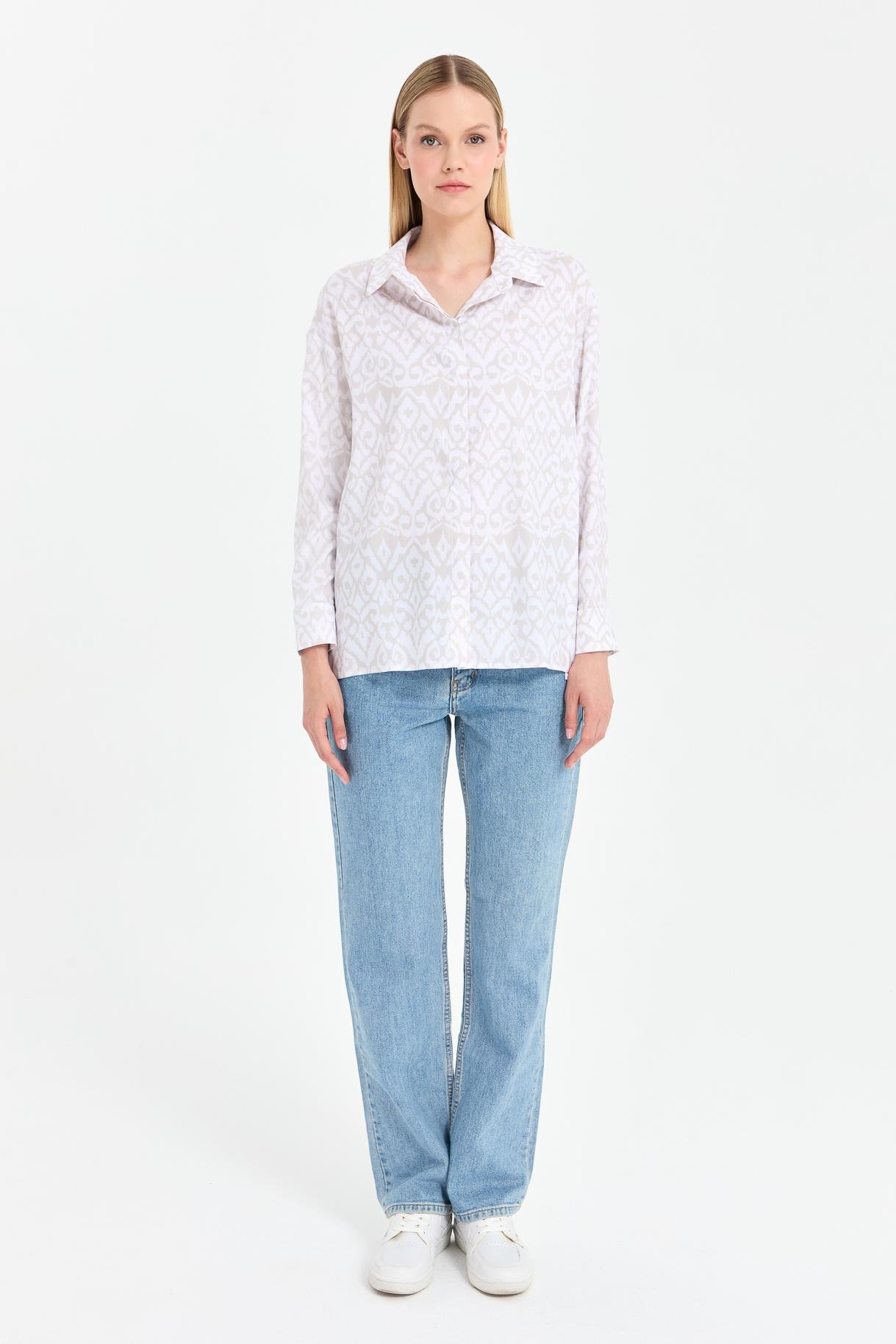 Baskı Desenli Rahat Gömlek - BEJ