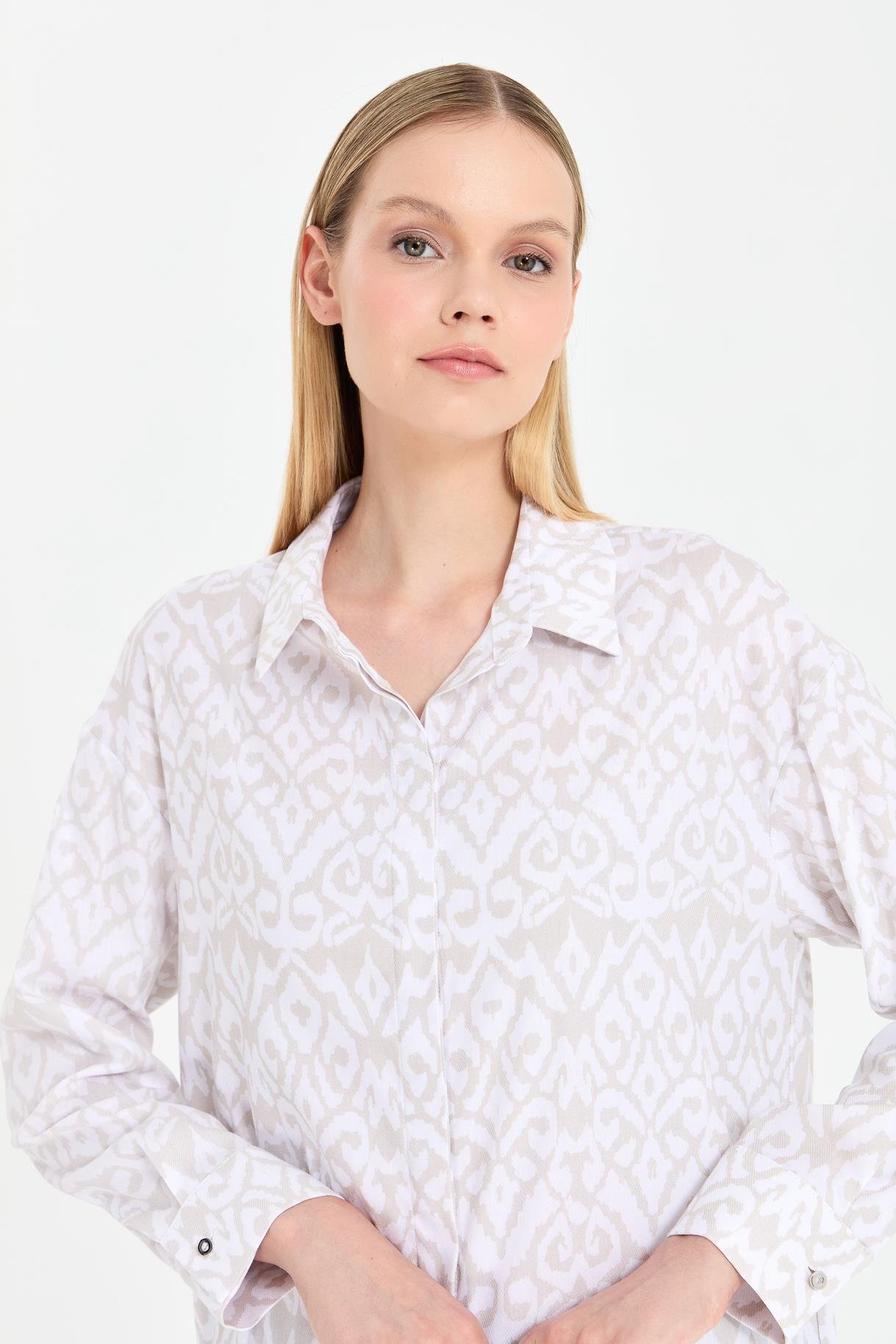 Baskı Desenli Rahat Gömlek - BEJ