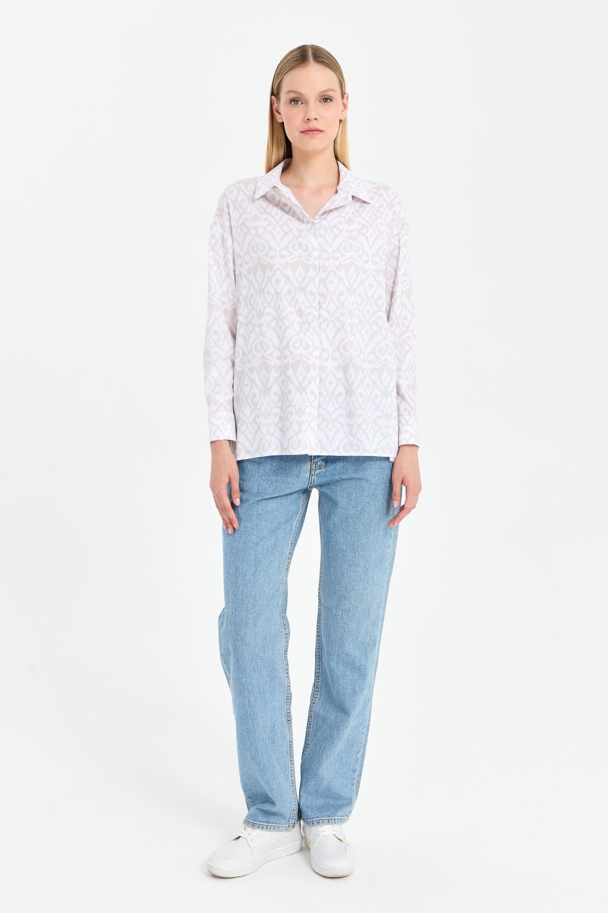 Baskı Desenli Rahat Gömlek - BEJ