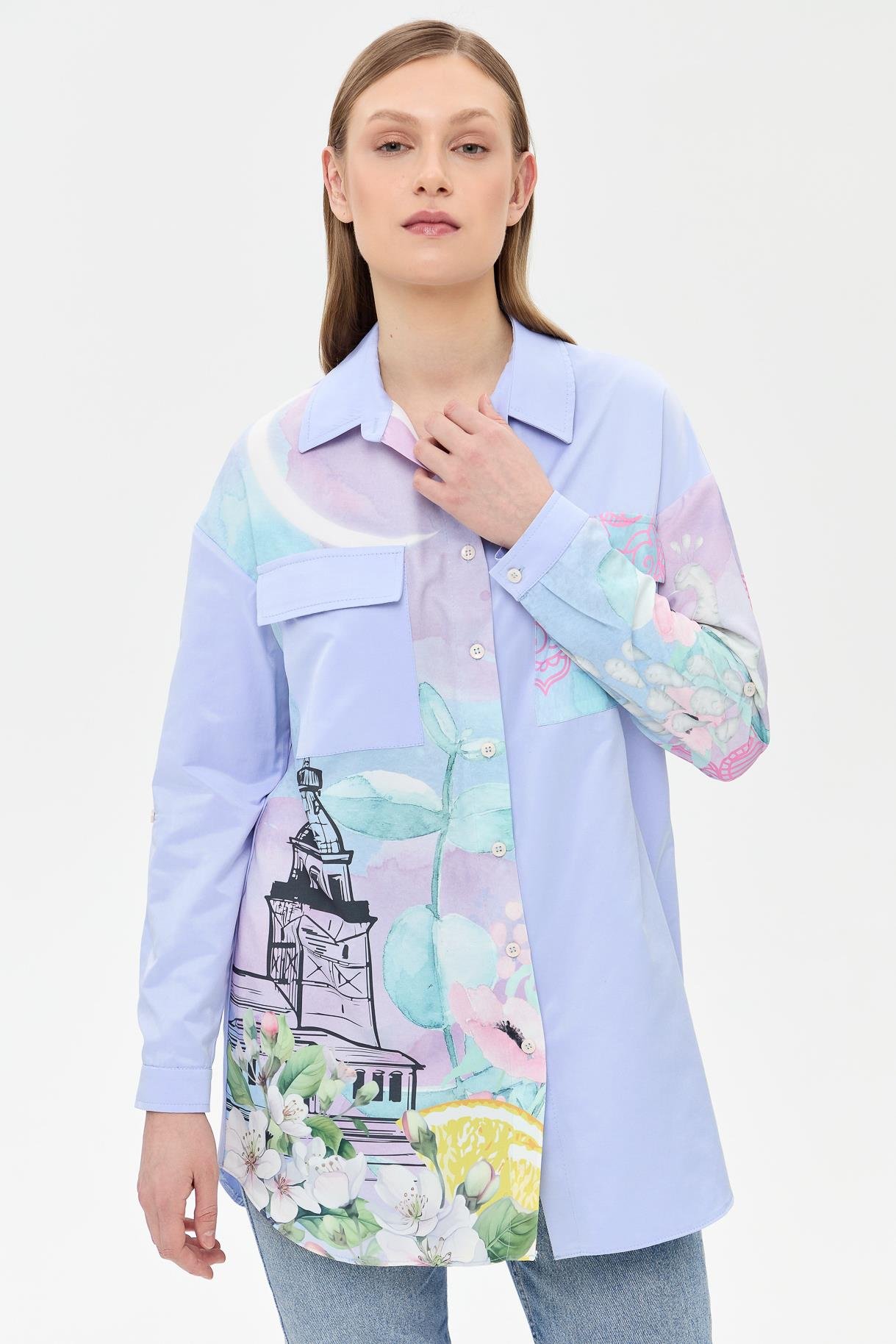 Baskı Detaylı Koton Gömlek - MAVİ