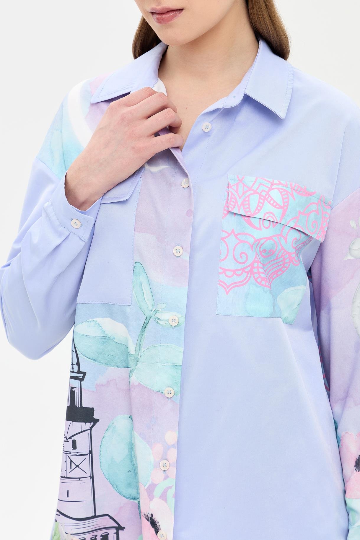 Baskı Detaylı Koton Gömlek - MAVİ
