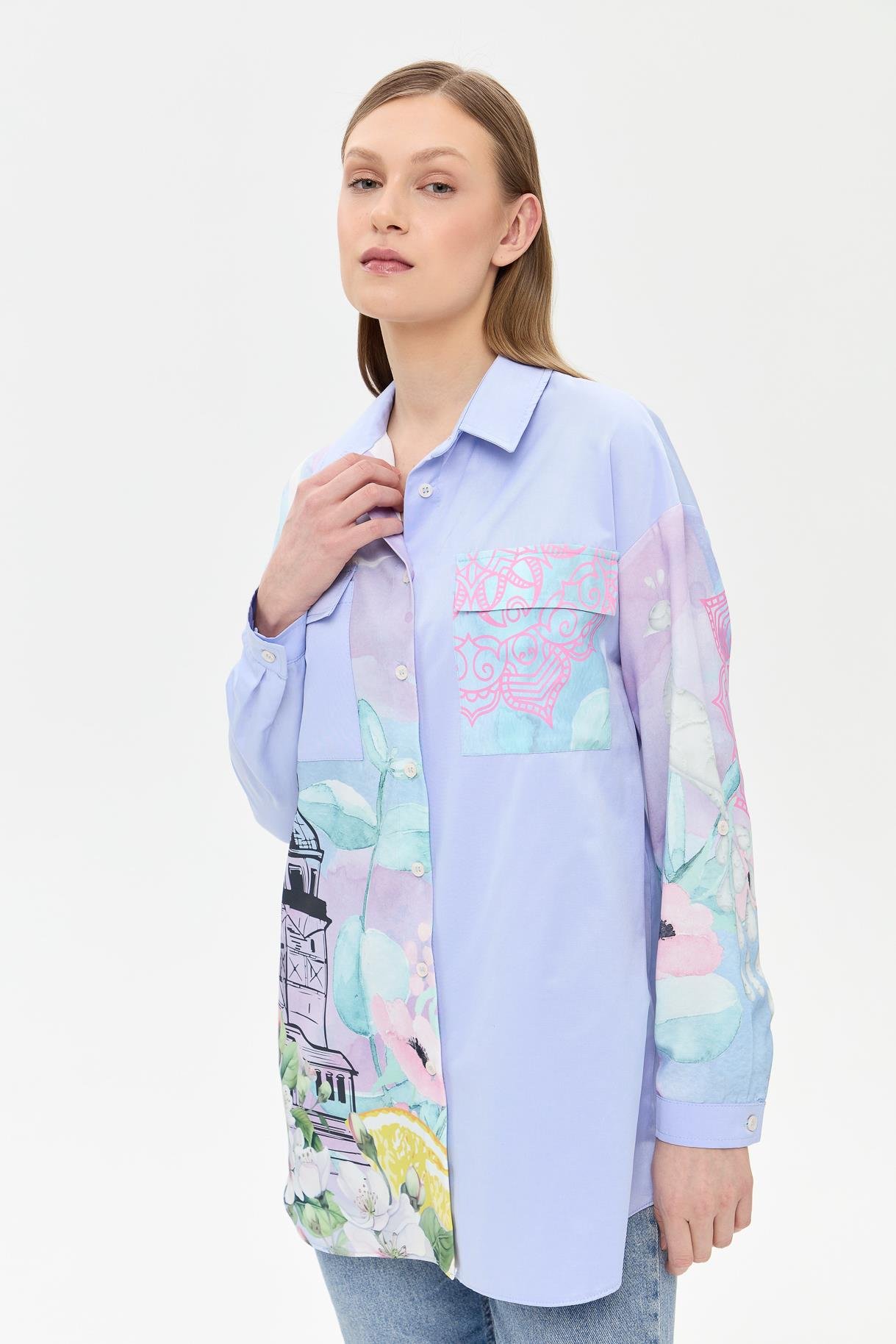 Baskı Detaylı Koton Gömlek - MAVİ