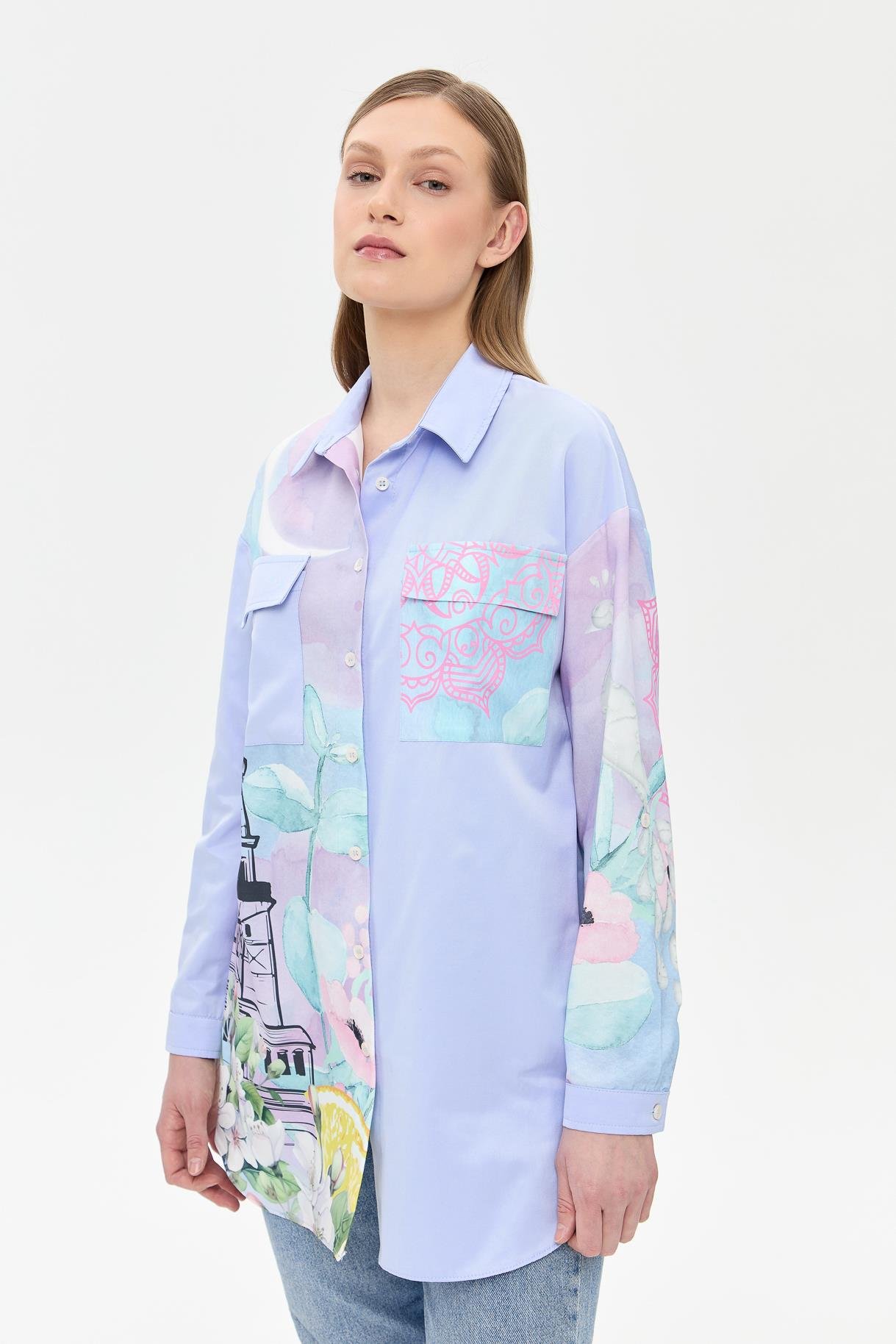 Baskı Detaylı Koton Gömlek - MAVİ