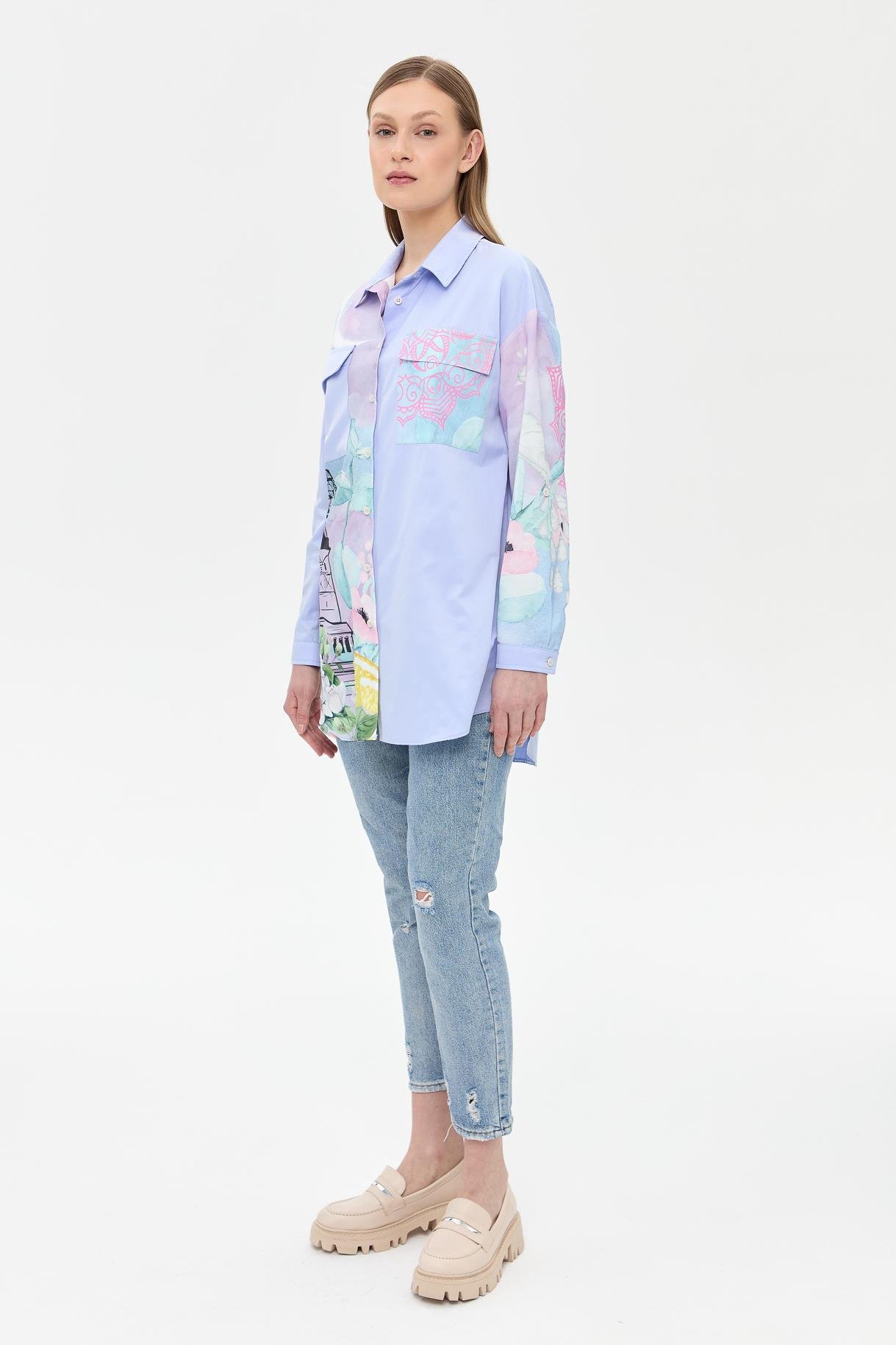 Baskı Detaylı Koton Gömlek - MAVİ