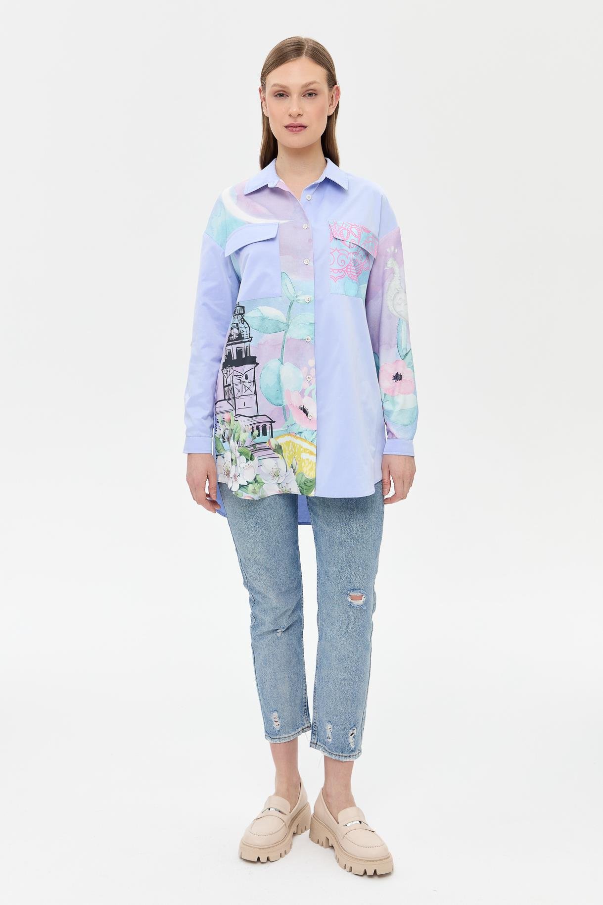 Baskı Detaylı Koton Gömlek - MAVİ