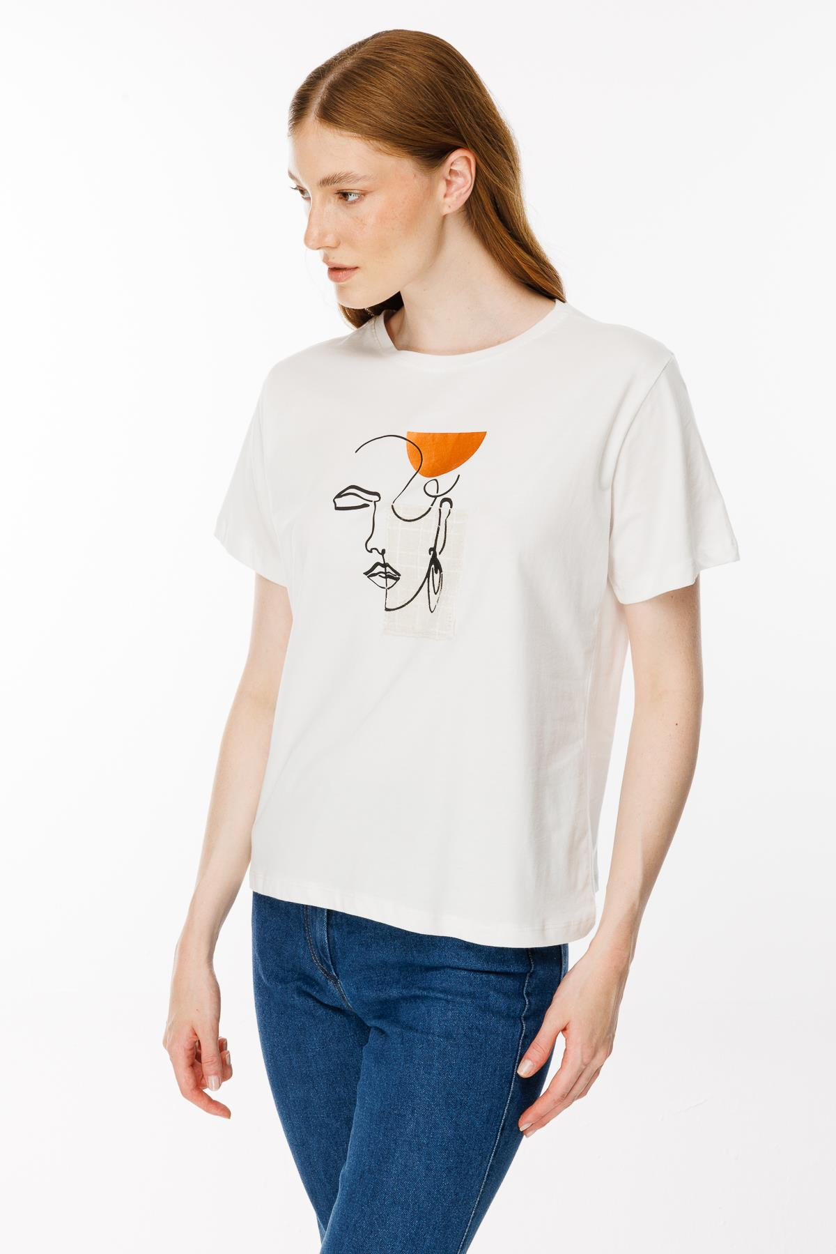 Baskı Yüz Desenli Tişört - EKRU
