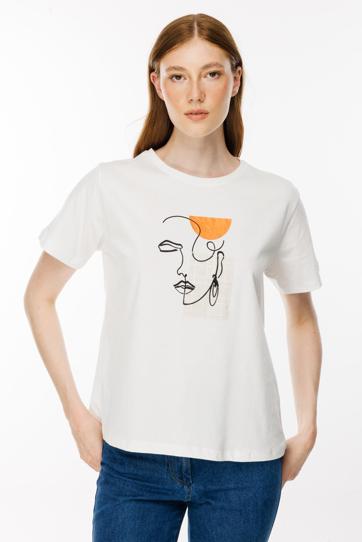 Baskı Yüz Desenli Tişört - EKRU