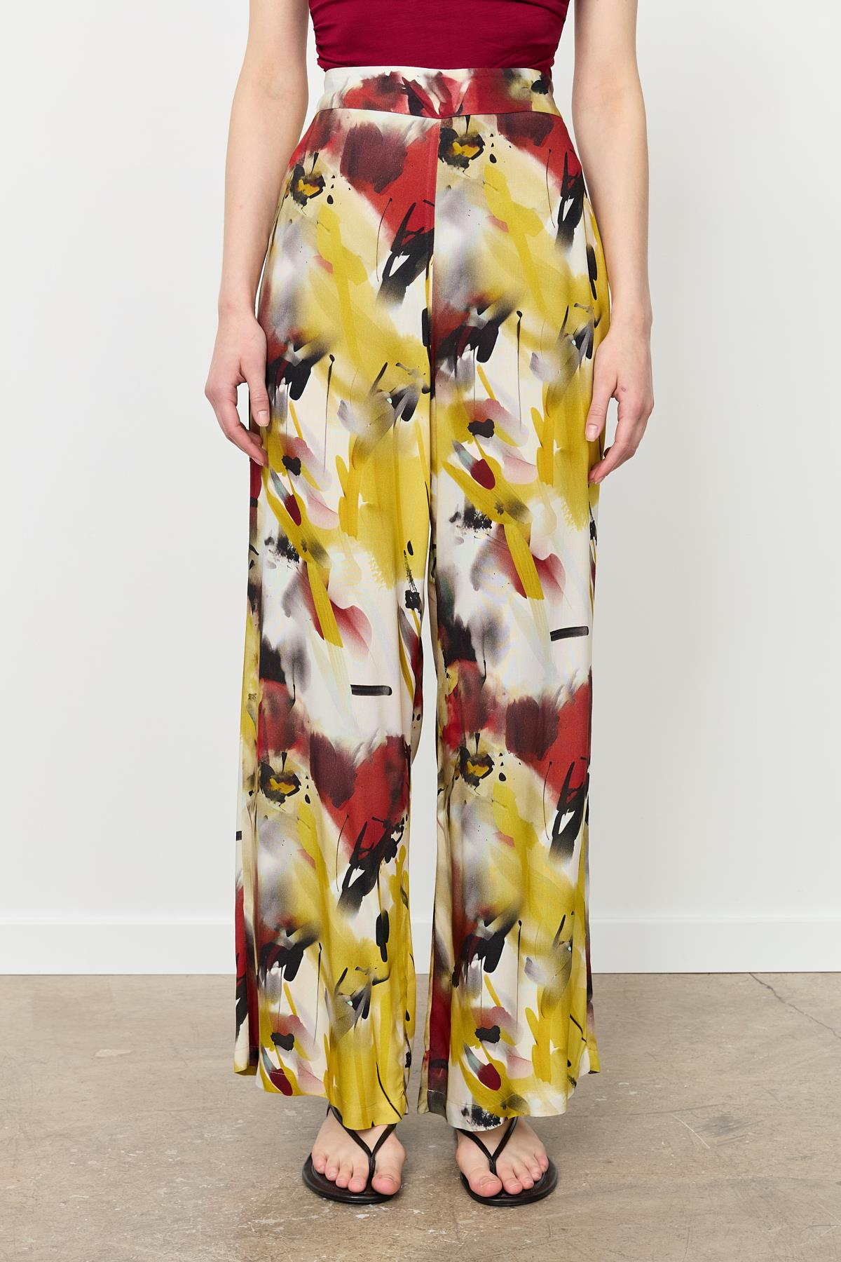 Baskılı Bol Paça Pantolon-SARI