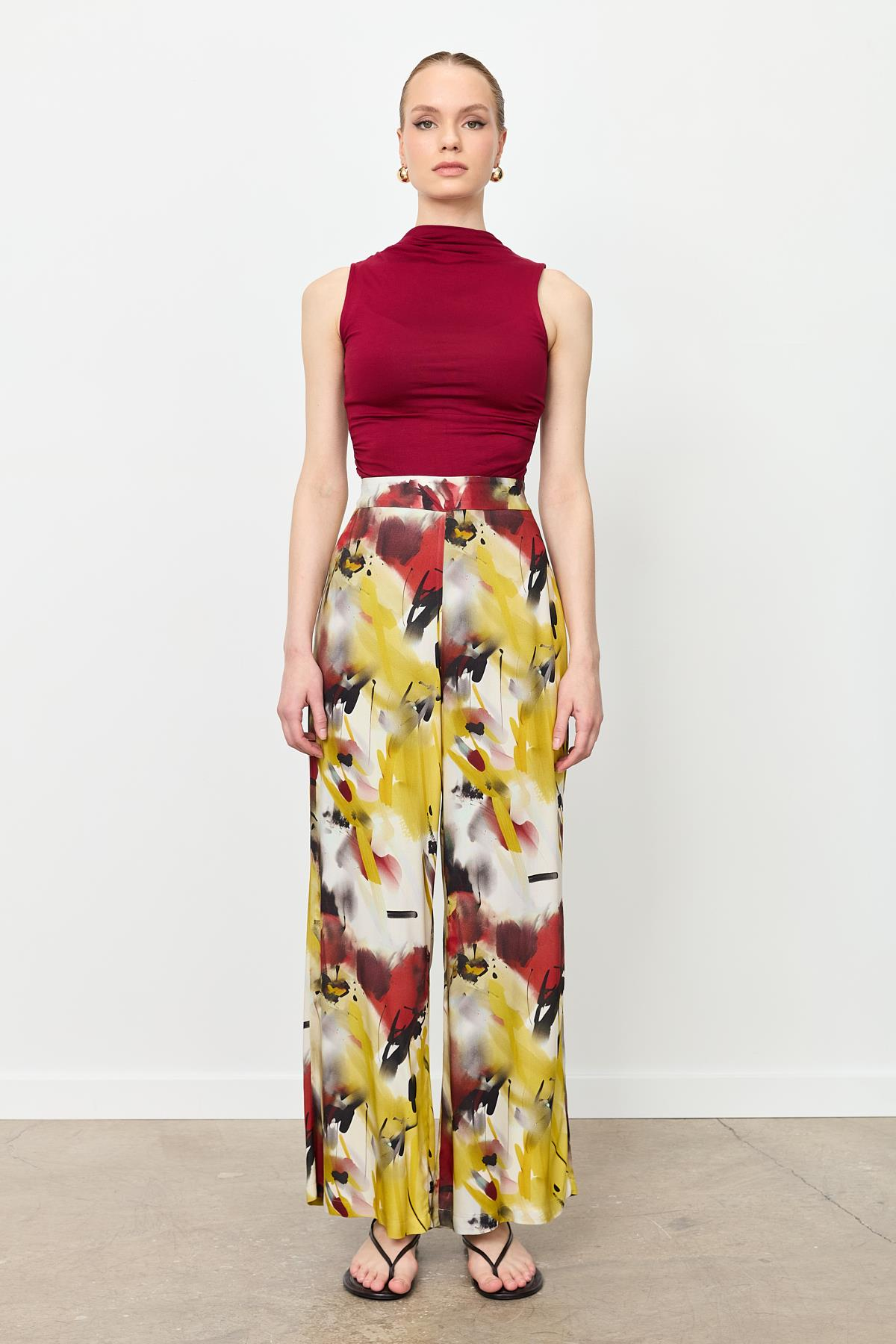 Baskılı Bol Paça Pantolon-SARI